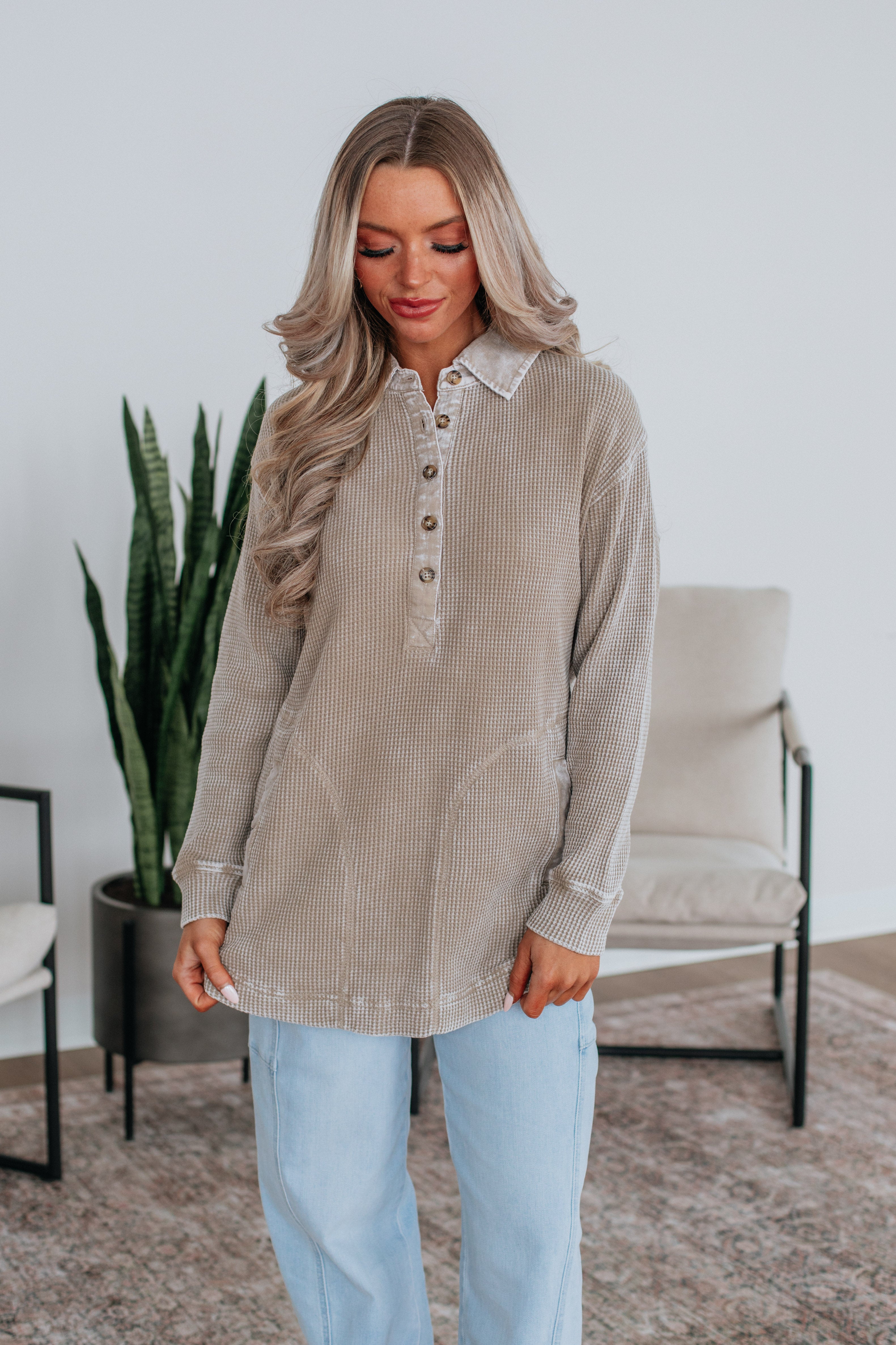Sallie Waffle Knit Top Women's Casual Long Sleeve Shirt - Smokey Taupe | Cozy Fall & Winter Layering Essential for Everyday Wear