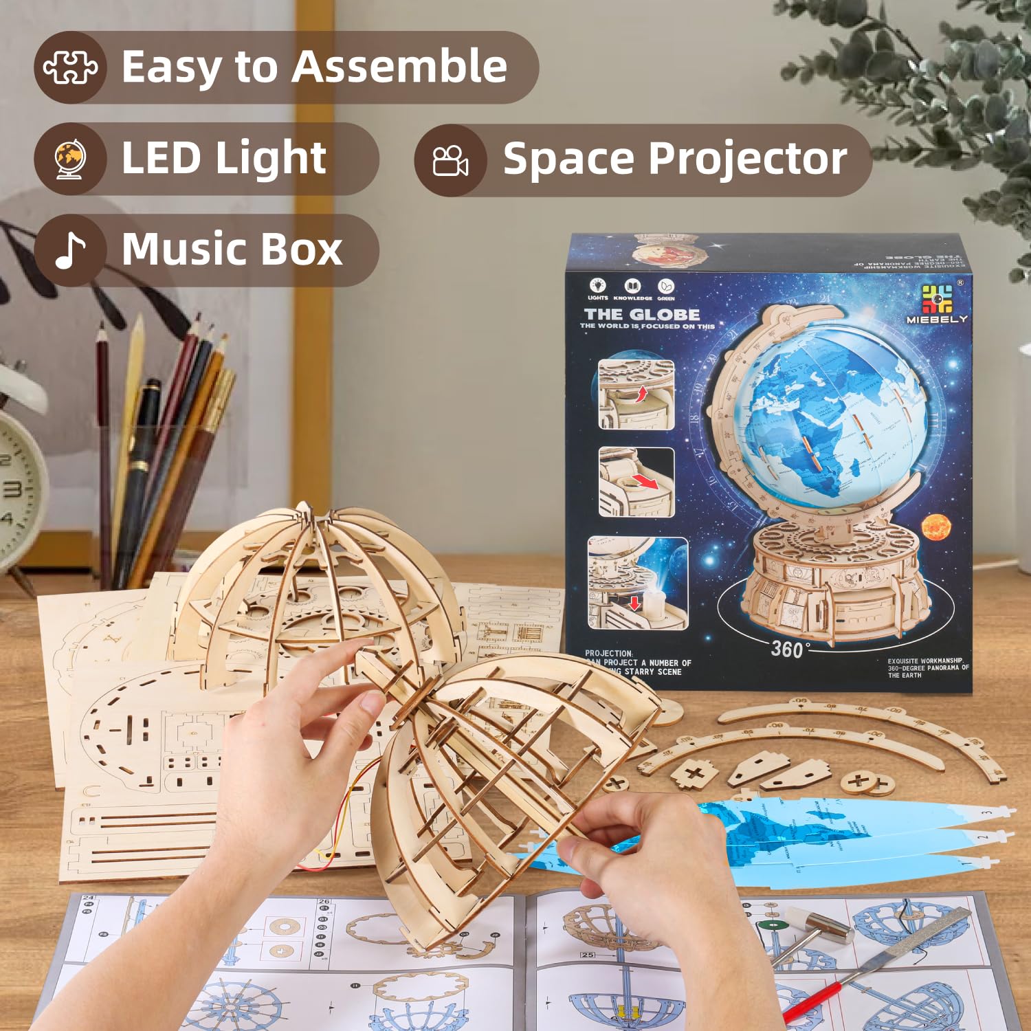 MIEBELY STEM Building Toys Kit - 3D Wooden Puzzle for Adults & Kids Ages 8+, DIY LED Wood Model with USB Charging, Illuminated Globe Music Box - Perfect Birthday Gift, Desk Decor for Boys & Girls - Great for STEM Learning, Home Office Decoration and Creative Play