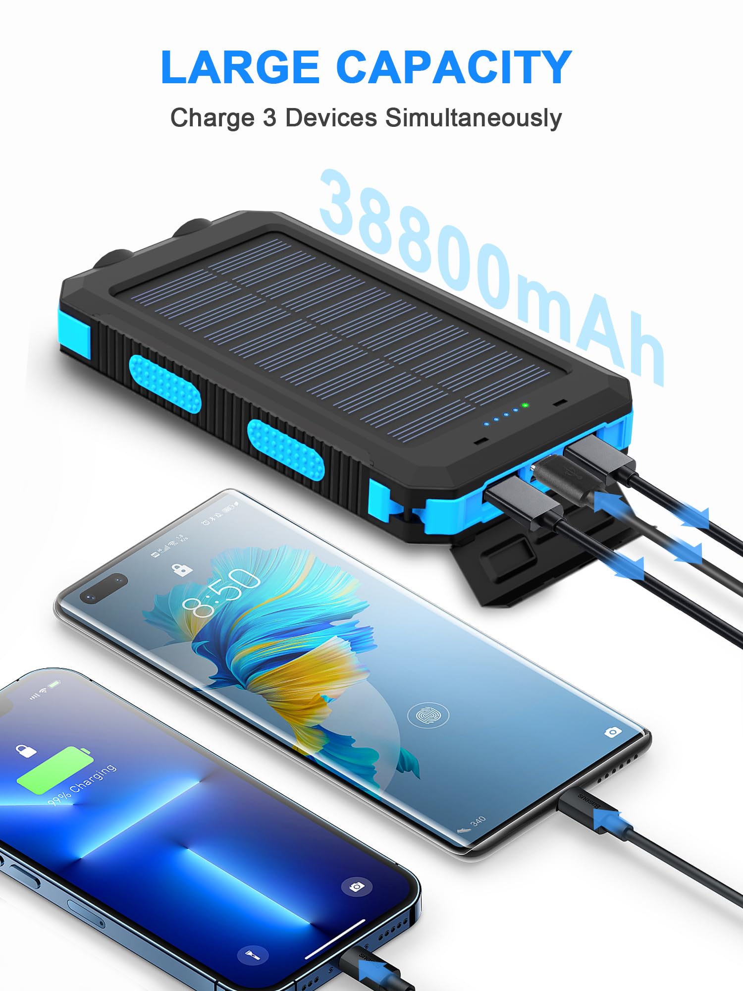 ERRBBIC 38800mAh Solar Power Bank - Waterproof Portable Charger with Dual LED Flashlights | Fast Solar Panel Charging for Phones & Devices | Perfect for Outdoor Camping, Hiking, Emergency Power Backup