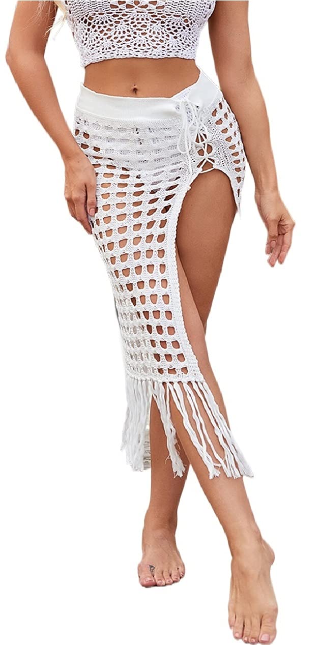LSFYSZD Women's Summer Solid Color Hollow Out High Waist Skirt with Tassel Decoration - Beachwear, Vacation, Casual Outfit, Boho Style Fashion