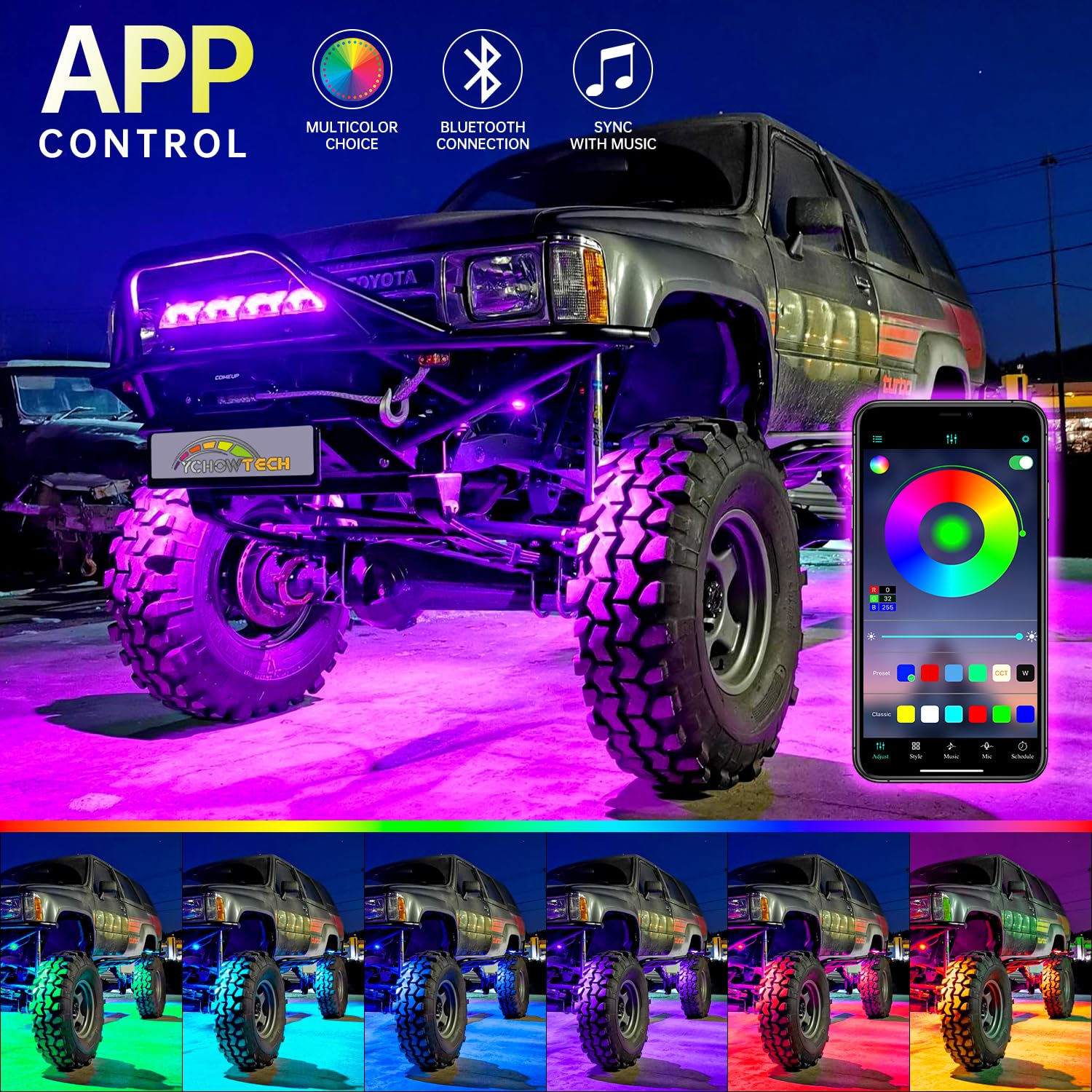 YCHOW-TECH RGB LED Rock Lights Kit - 12 Pods Multicolor Underglow Neon Lights with Bluetooth App Control, Music Sync & Timer | IP68 Waterproof Wheel Well Lighting for ATV, UTV, Off-Road Vehicles | Perfect for Night Rides, Car Shows & Off-Road Adventures