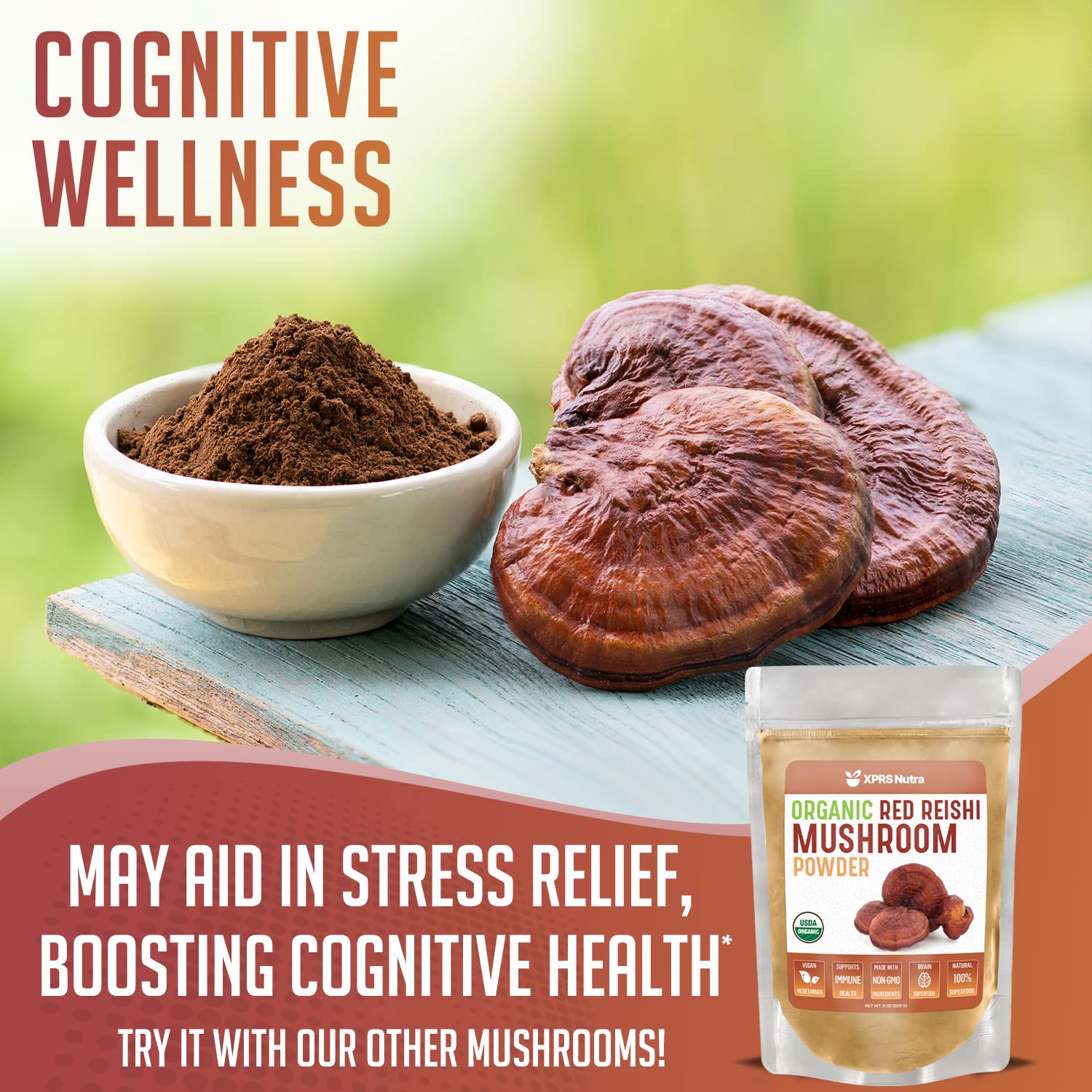 XPRS Nutra Organic Red Reishi Mushroom Powder - Premium Vegan Reishi Supplement for Brain Health, Longevity & Energy Boost - 8oz | Supports Immune System & Stress Relief for Daily Wellness Routine