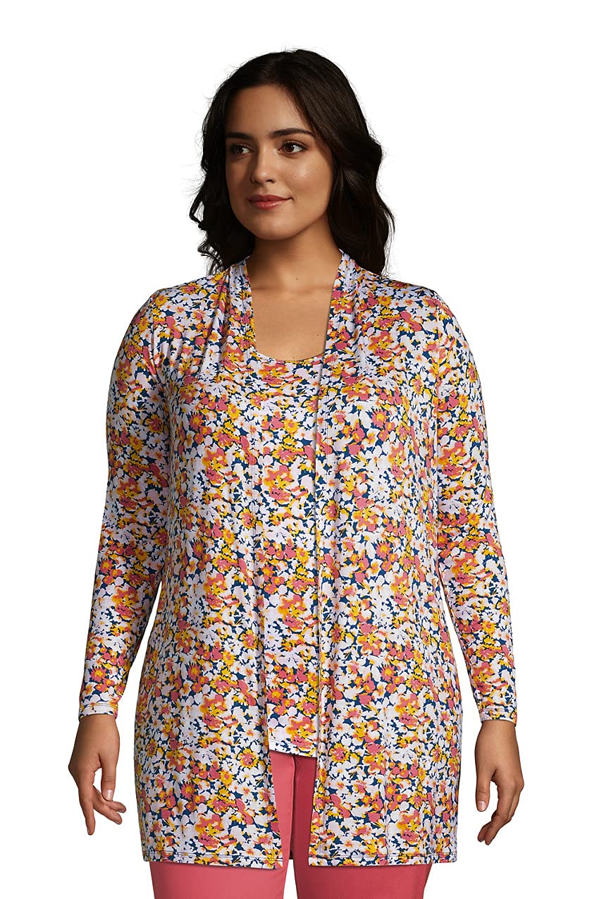 Lands' End Women's Lightweight Jersey Knit Long Cardigan Sweater - Comfortable Open Front Cover Up for Work, Travel & Lounge Wear