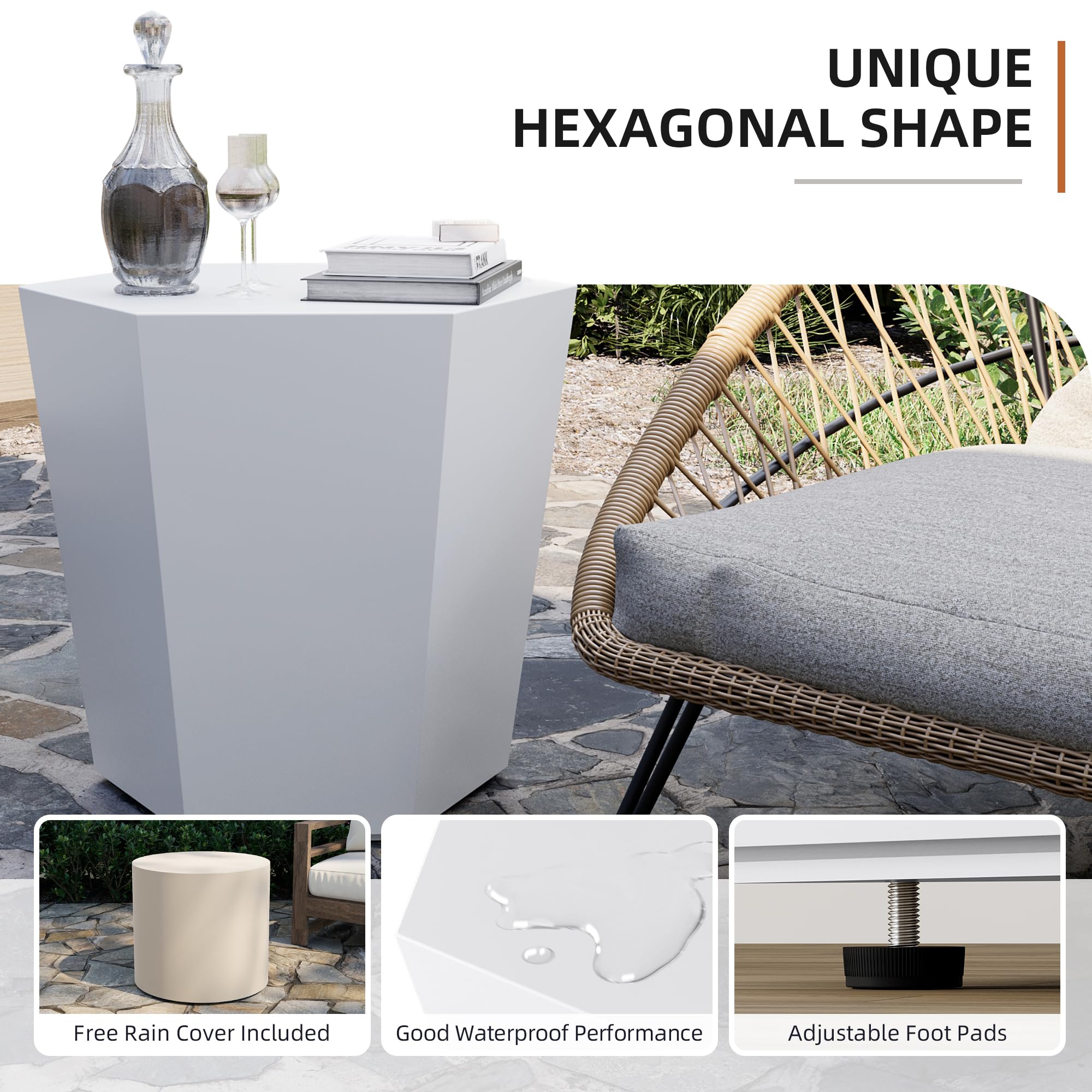 UPHA 24-inch Modern Hexagon Outdoor Concrete Coffee Table - Weatherproof Cement Patio Furniture for Garden, Backyard, Balcony & Living Room - Pure White Accent Piece for Relaxing & Entertaining