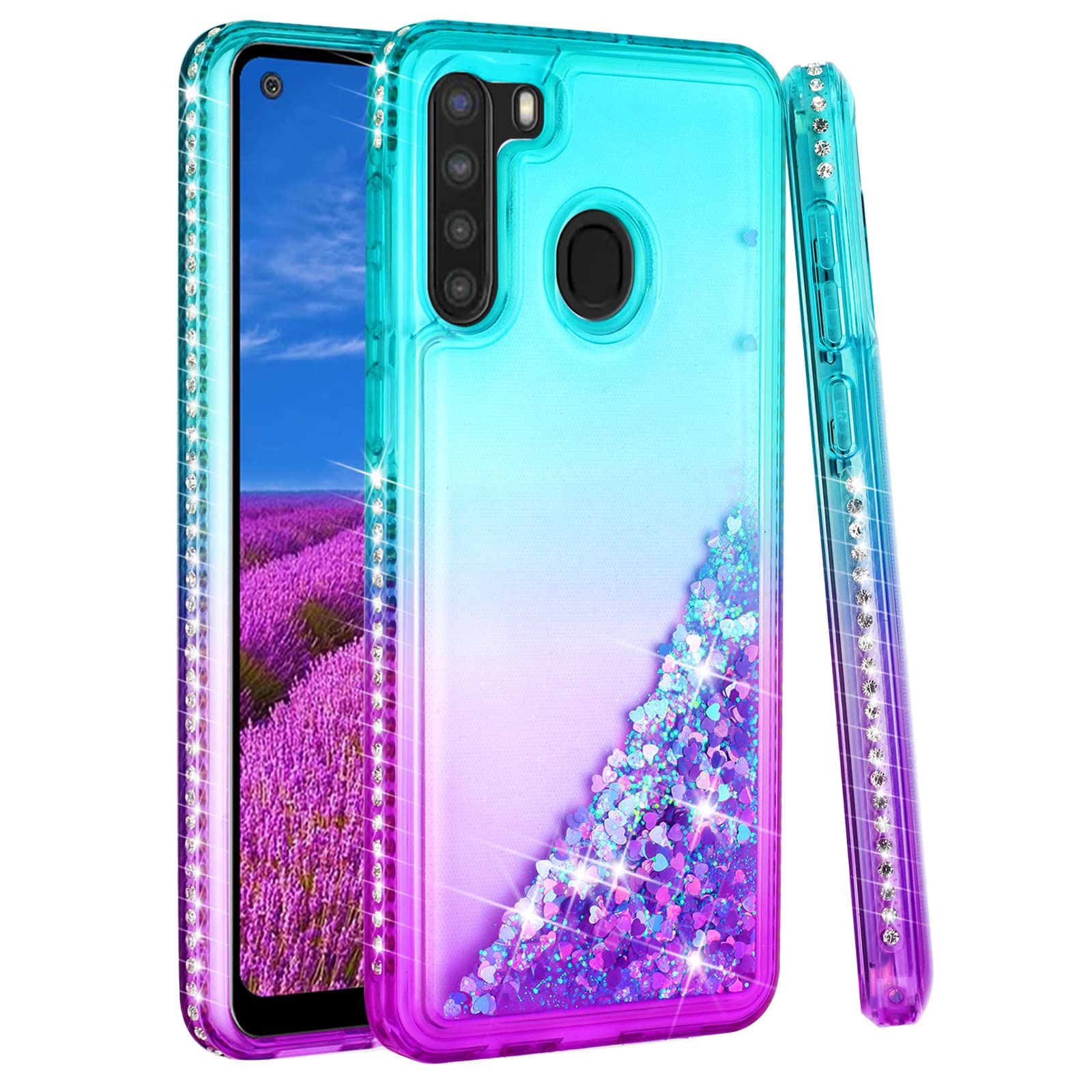 Sparkly Glitter Samsung Galaxy A21 Case for Women - Slim Liquid Quicksand Phone Cover with Gradient Moving Glitter & Diamond Bling - Protective Case for Galaxy A21 (Teal Purple) - Perfect for Everyday Use, Parties & Gift Giving