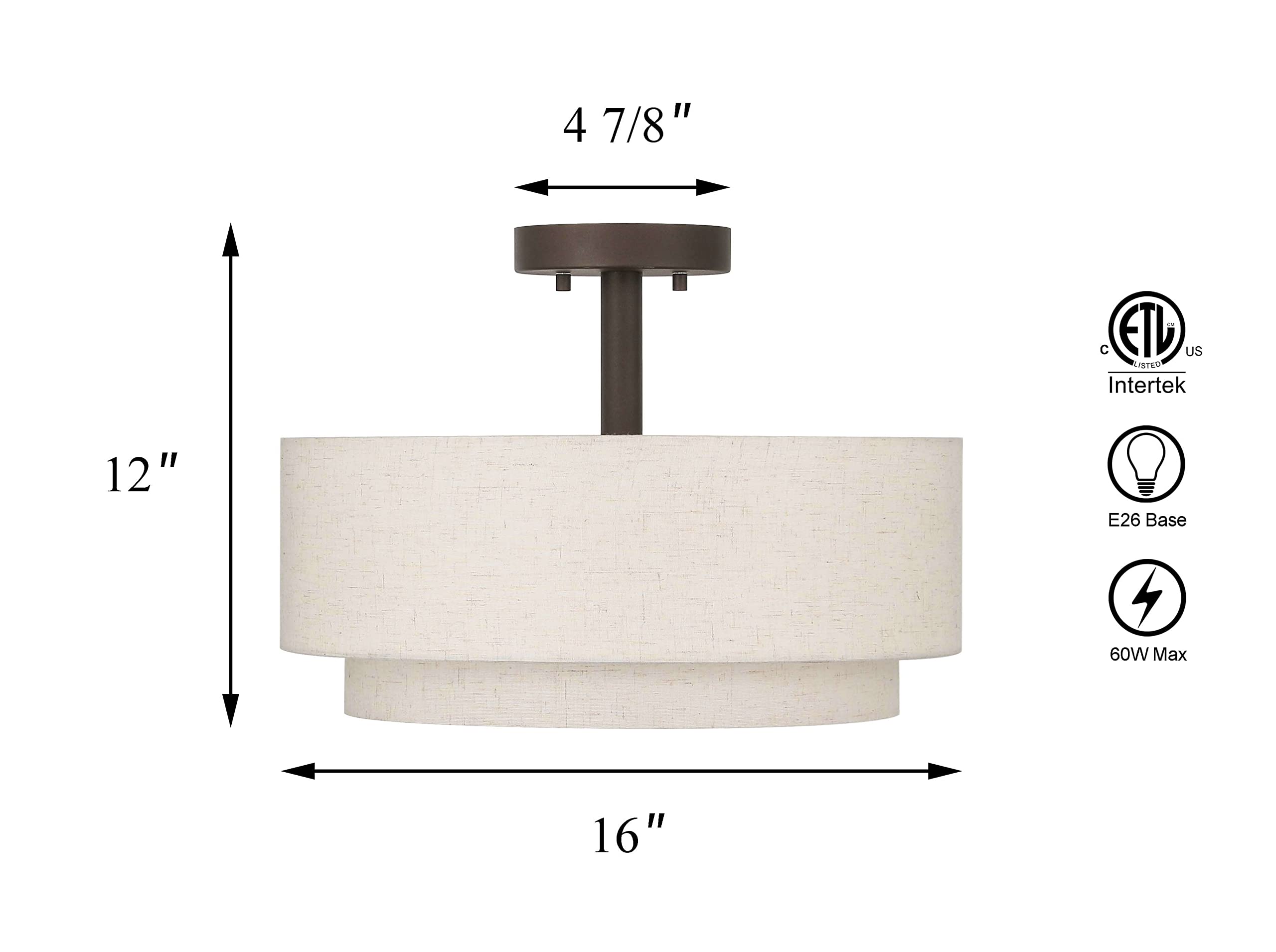 XiNBEi Modern 3-Light Drum Semi Flush Mount Ceiling Light Fixture with Fabric Shade - Dark Bronze Finish for Bedroom, Living Room & Dining Room - Close to Ceiling Lighting Solution XB-SF1289-DB | Perfect for Home Decor, Apartment Lighting and Interior Design