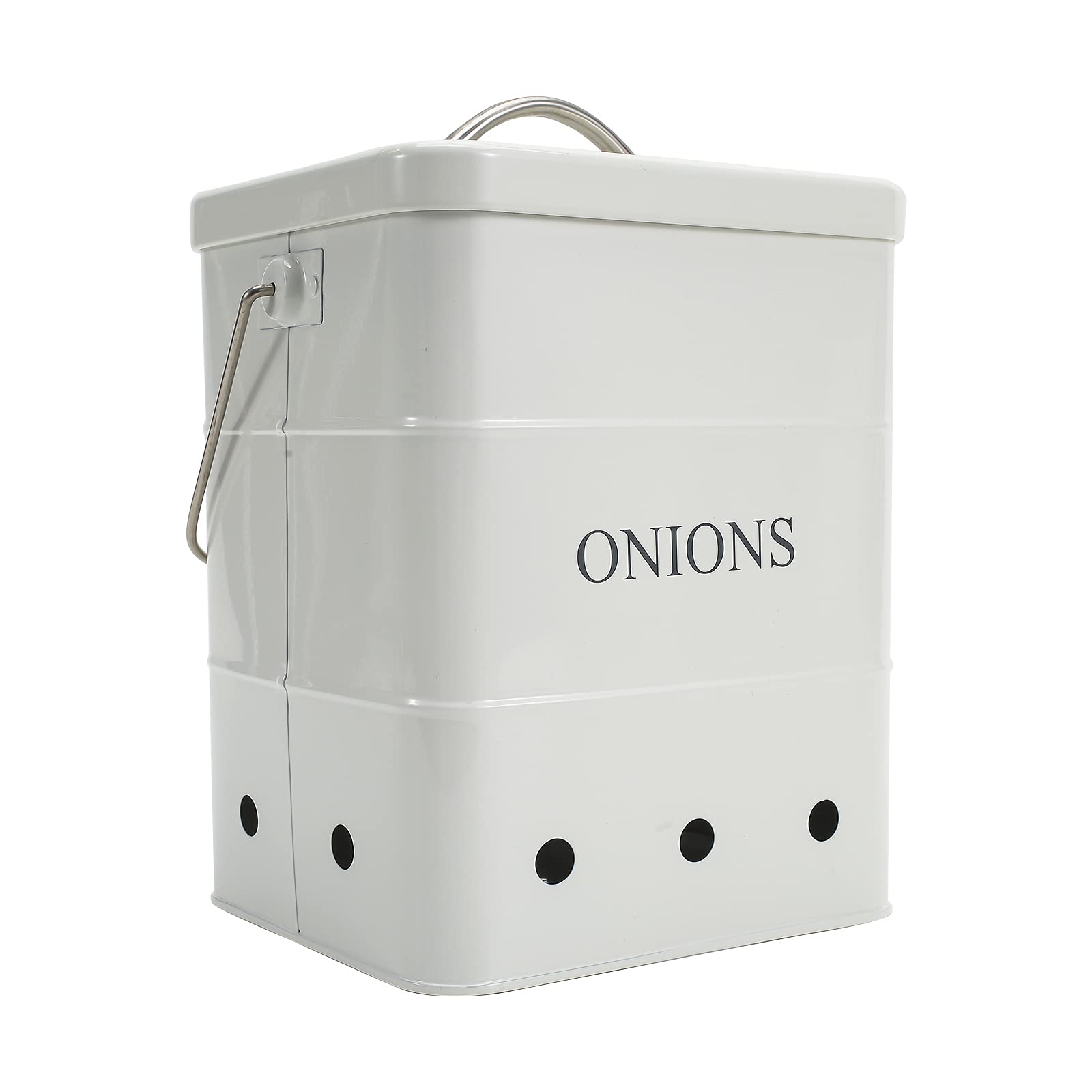 Metal Onion Storage Bin with Aerating Holes - Kitchen Pantry Organizer for Fresh Vegetables (White)