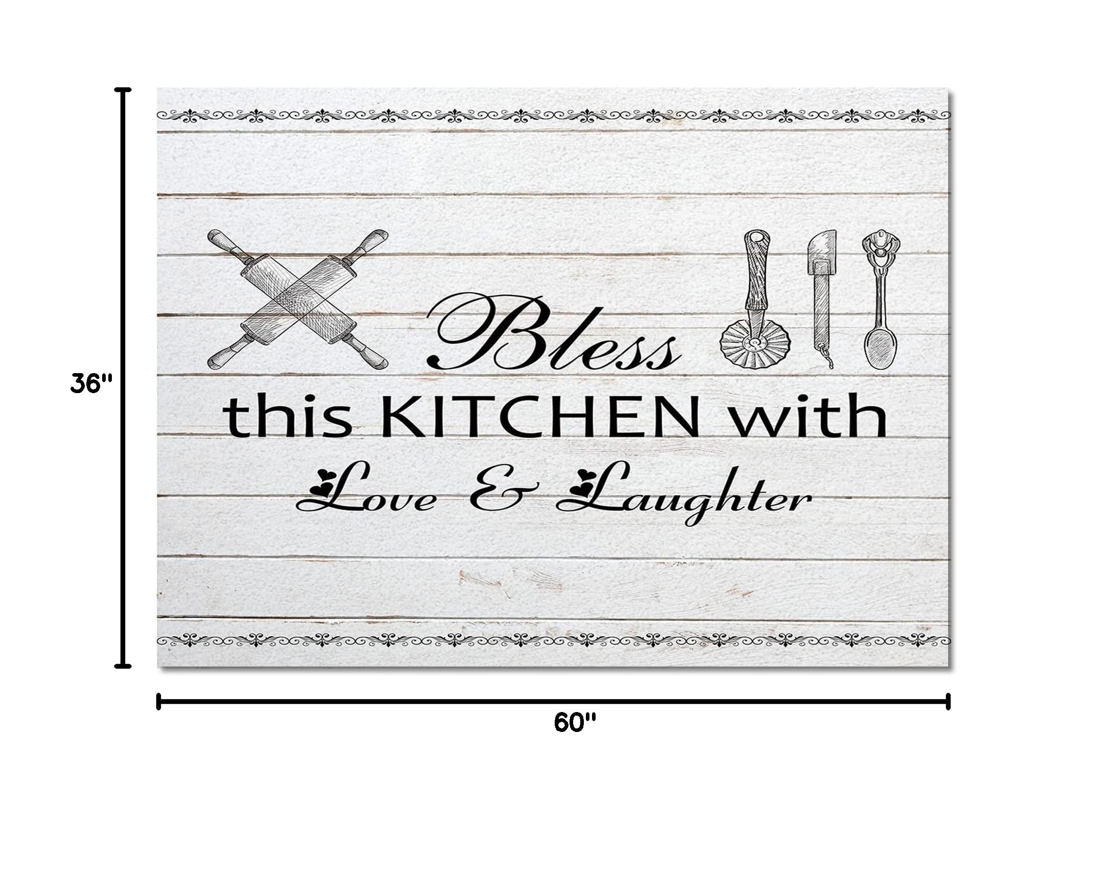 3'x5' Non-Slip Farmhouse Area Rug - Kitchen Utensils Design, Soft Carpet Runner for Bedroom, Living Room & Kids Room | Perfect Floor Cover Mat for Home Decor | Bless This Kitchen Wooden Pattern | Ideal for Cozy Spaces, Entryways & Dorm Rooms