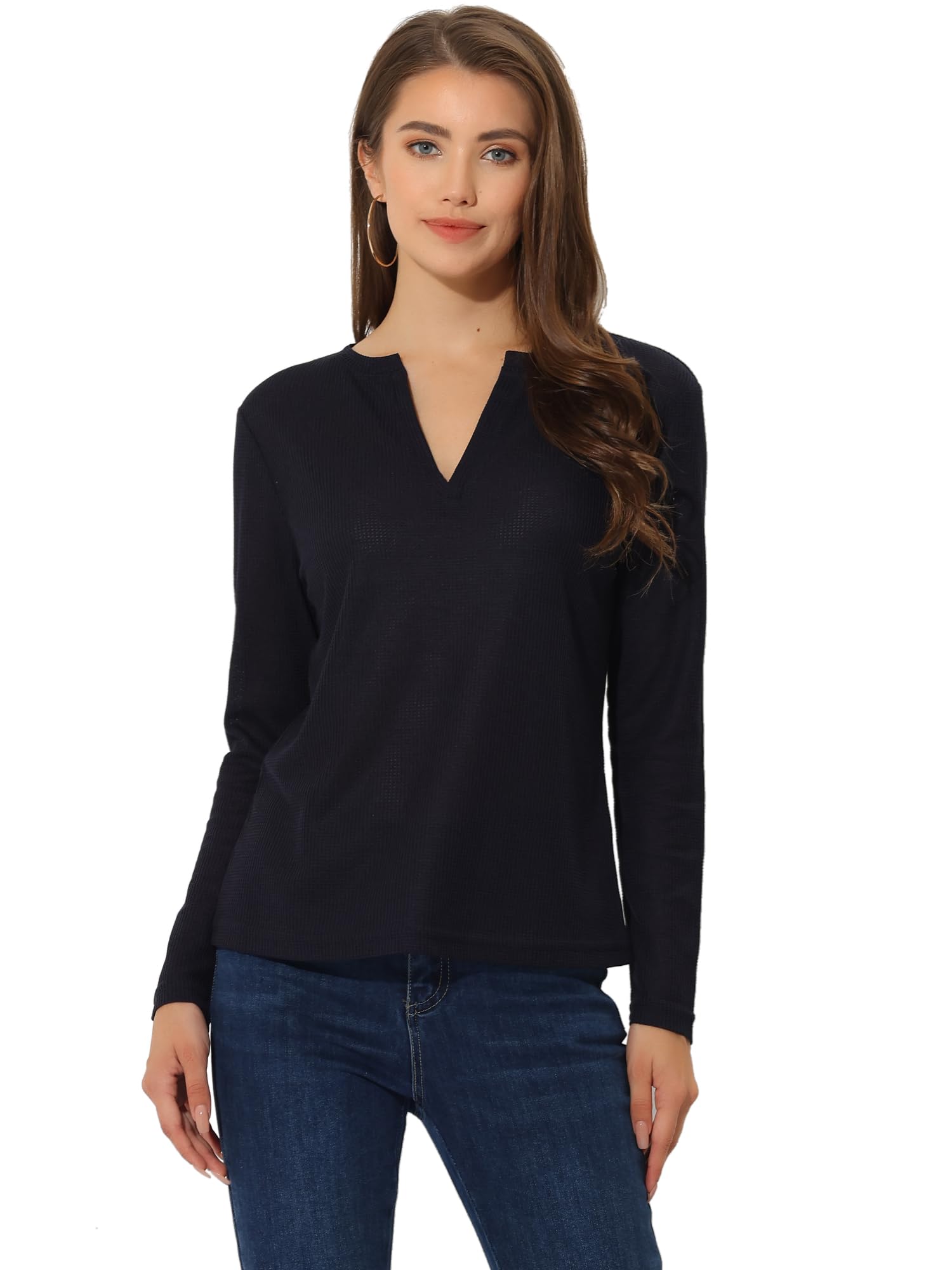 Allegra K Women's Waffle Knit Business Casual Blouse - Ribbed V-Neck Long Sleeve Tops for Office, Work & Everyday Wear