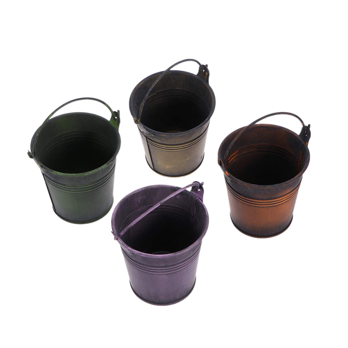 Yardwe 4-Pack Mini Retro Galvanized Iron Flower Pots with Handle - Hanging Garden Planters for Indoor/Outdoor Decor, Home, Patio, Balcony & Wedding Decorations