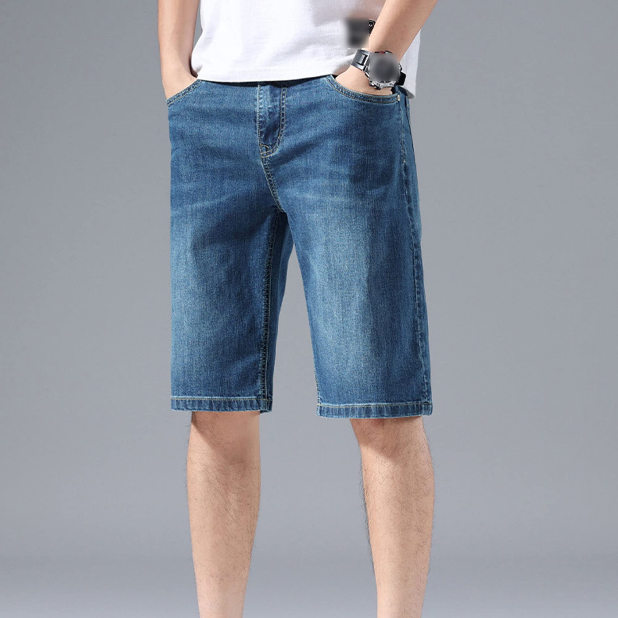 Men's Stretch Cotton Denim Shorts - Knee Length Straight Fit Casual Jean Shorts with Pockets | Perfect for Summer, Beach, and Outdoor Activities