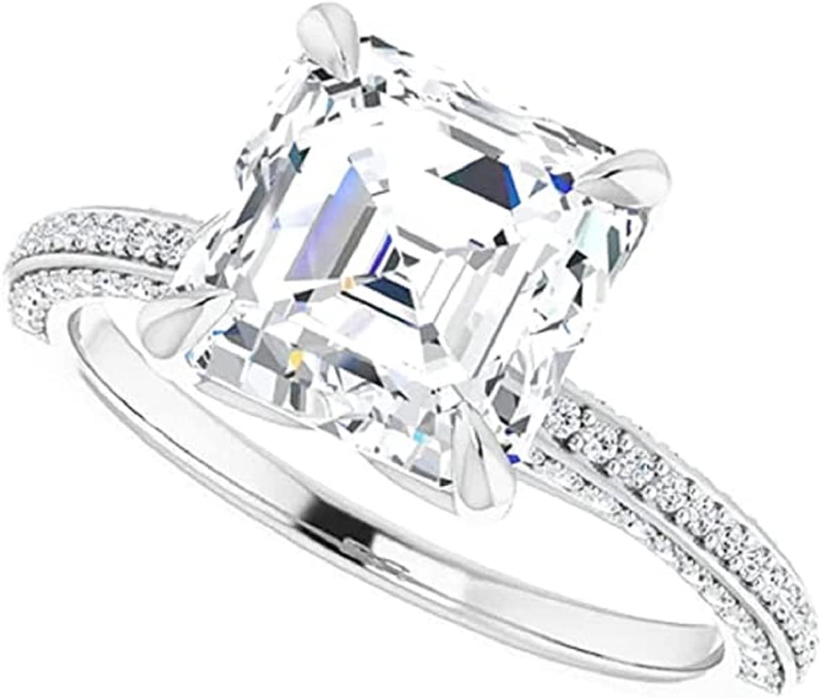 Moissanite World Chic Ridged Engagement Ring - 3.00CT Asscher Cut Colorless Moissanite in 925 Sterling Silver - Solitaire Wedding Band for Women | Perfect Anniversary Gift, Proposal & Bridal Jewelry