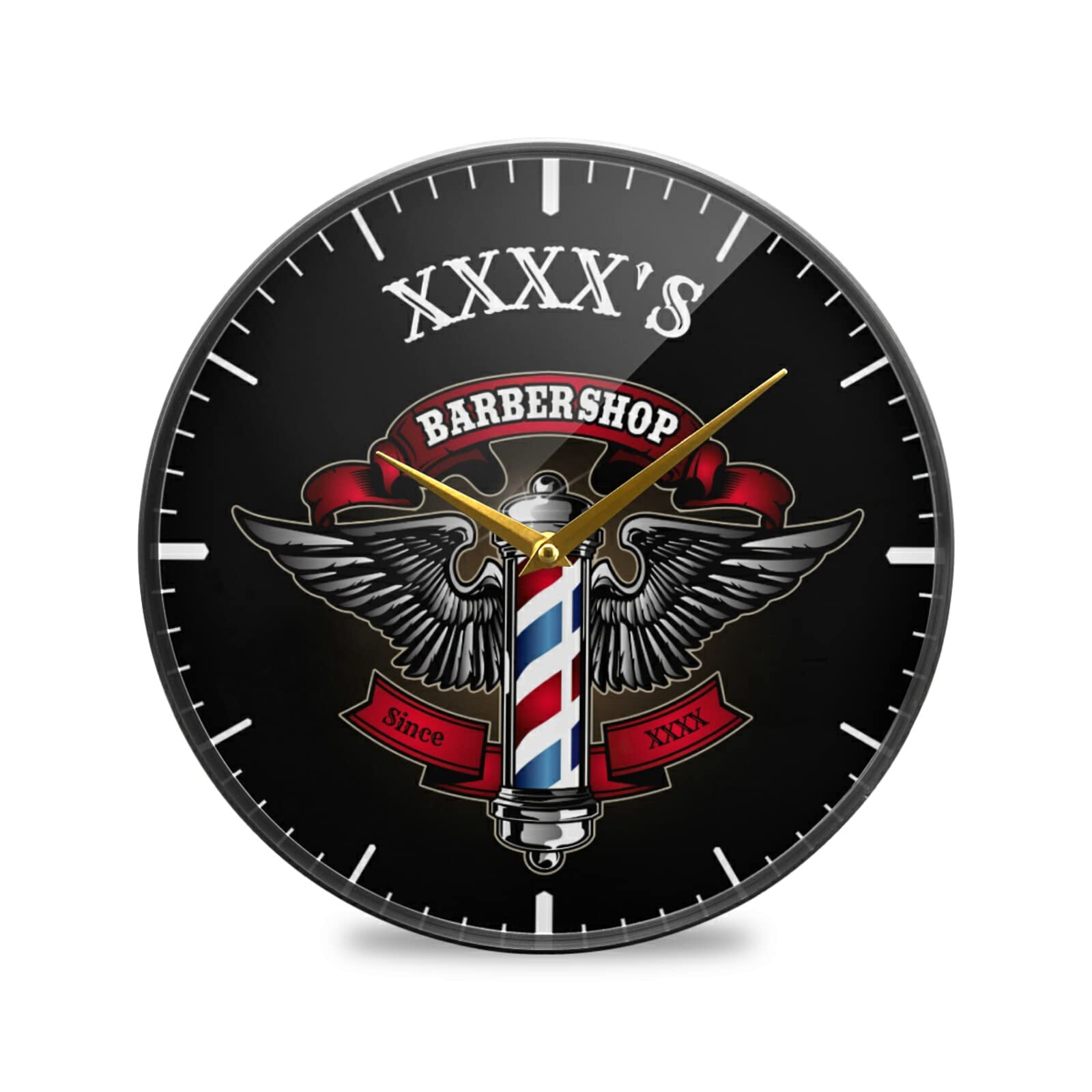 Custom Personalized Winged Barber Pole Logo Round Wall Clock - 12 Inch Acrylic Silent Non-Ticking Battery Operated Clock - Perfect for Barbershop Decor, Wall Art & Unique Gift Ideas