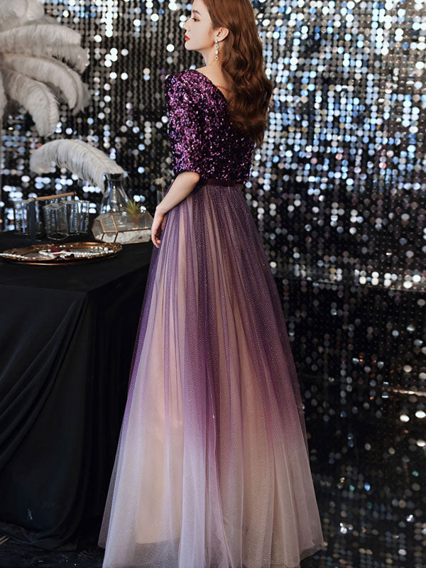 Elegant Purple Sequined Tulle V-Neck Prom Dress for Women - Perfect for Homecoming, Formal Dances & Special Occasions
