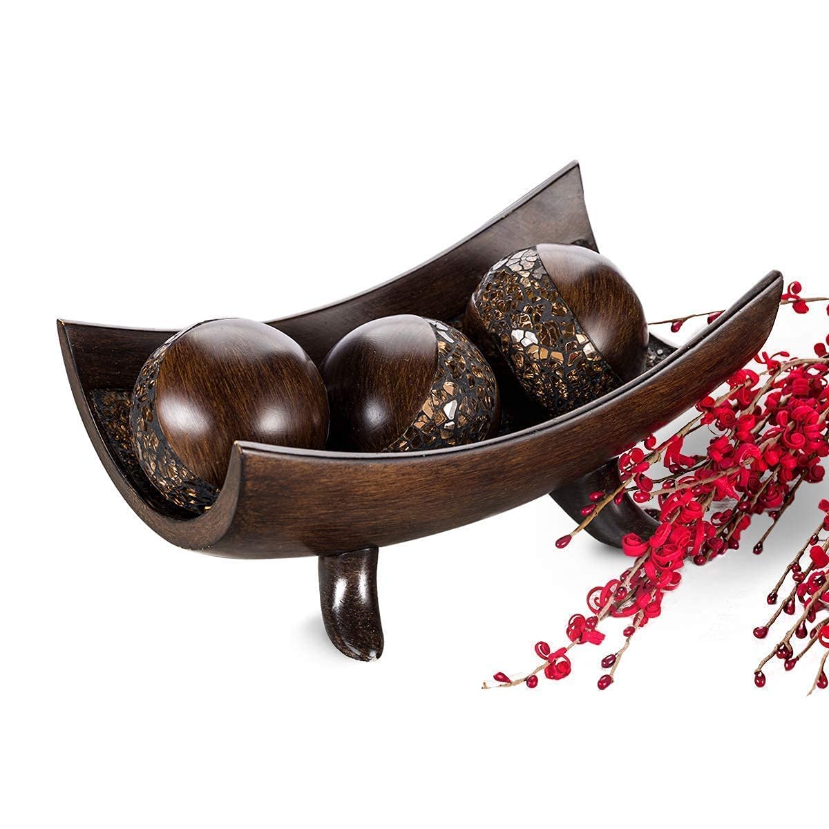 Schonwerk Brown Resin Centerpiece Bowl with 3 Matching Orbs - Elegant Coffee Table Decor for Living Room & Dining Room - Home Decor Accent Piece for Mantel, Entryway, and Wedding Centerpieces - Perfect for Holiday Gatherings and Dinner Parties