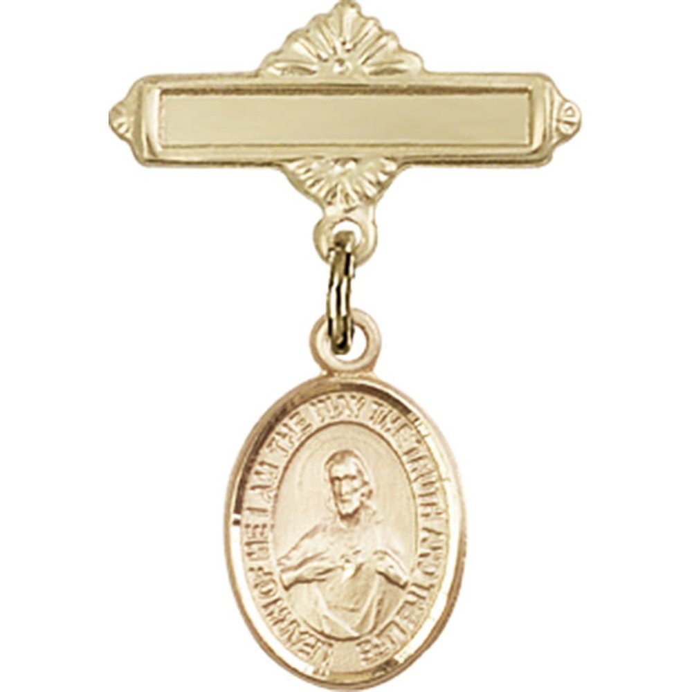 Bonyak Jewelry Gold Filled Saint Medal Baby Badge with Scapular Charm - 1 X 5/8 Inch Religious Jewelry for Baptism, First Communion & Spiritual Protection