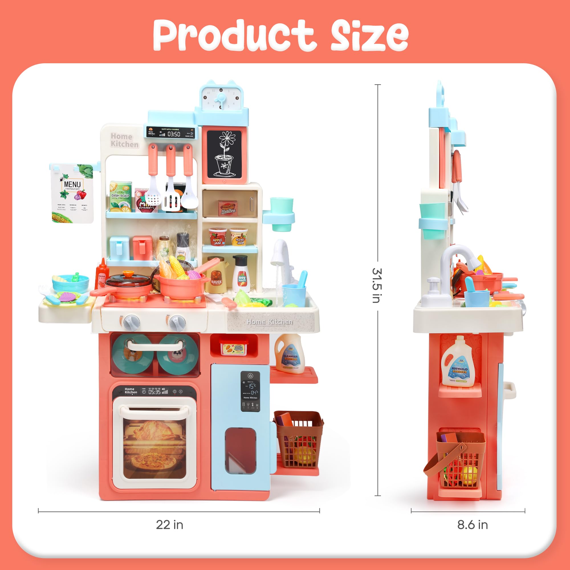 HOLYFUN Kids Kitchen Playset with Sound & Light - Interactive Pretend Play Cooking Stove with Steam, Play Sink & 20+ Toy Kitchen Accessories - Educational Toddler Toys for Girls & Boys (Pink) - Perfect for Imaginative Play, Birthday Gifts & Preschool Learning Activities
