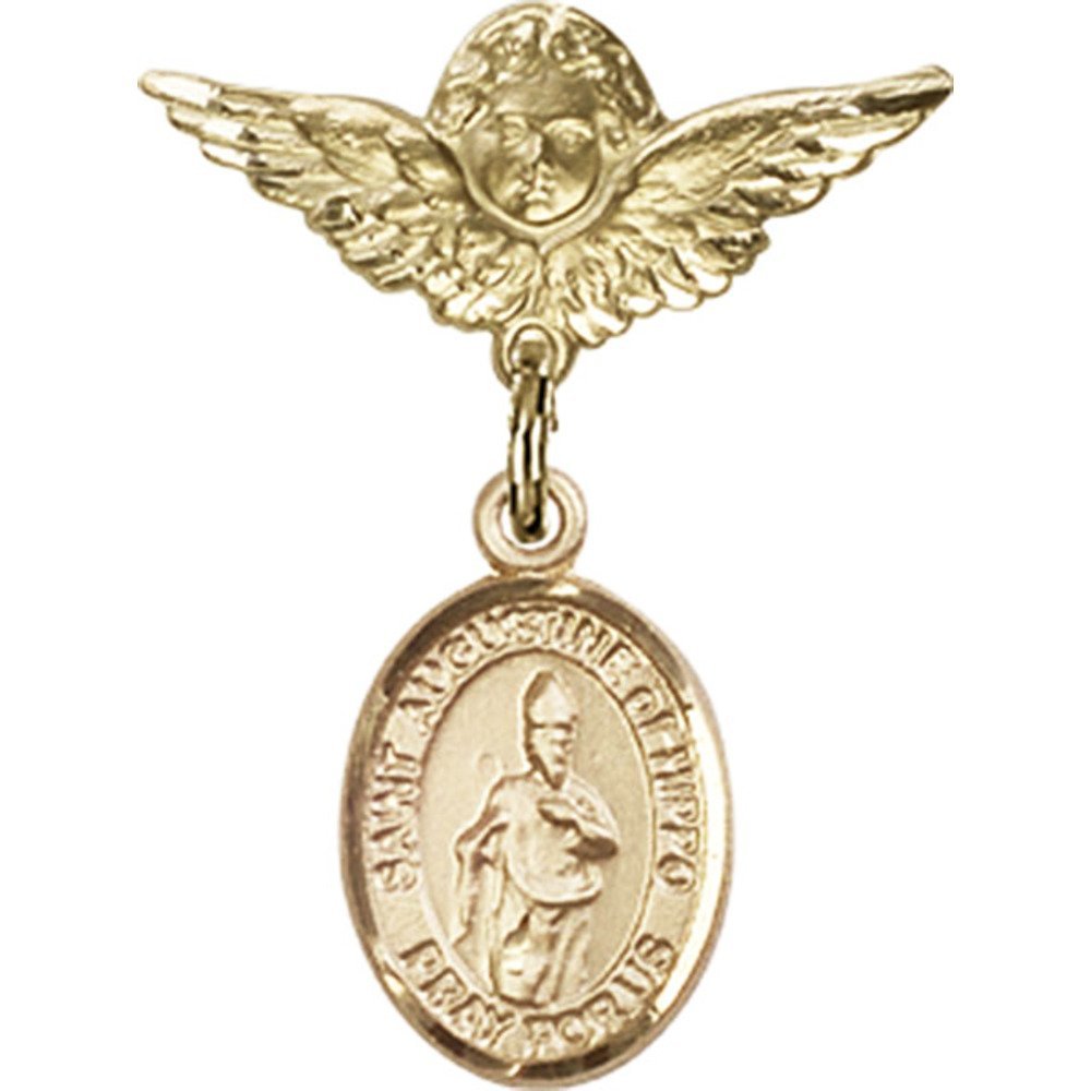 St. Augustine Gold Filled Baby Badge Pin with Angel Charm - 1 x 3/4 Inch Religious Jewelry for Baptism, First Communion & Christening Gifts