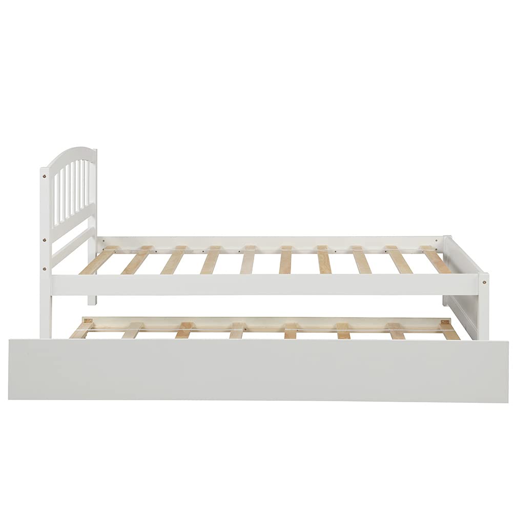Twin Size Wood Platform Bed Frame with Trundle - Solid Wood Slat Support, No Box Spring Needed - Space Saving Design for Small Bedrooms, Kids Room & Guest Room (White)