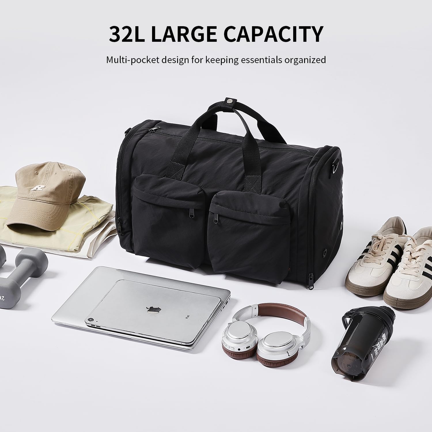 Black Gym Bag for Women & Men with Shoes Compartment | 3-in-1 Carry On Travel Duffel Bag with Trolley Sleeve | Lightweight Water Resistant Sports Bag for Gym, Workout, Travel & Fitness | Perfect for Gym Locker, Weekend Getaways & Sports Practice