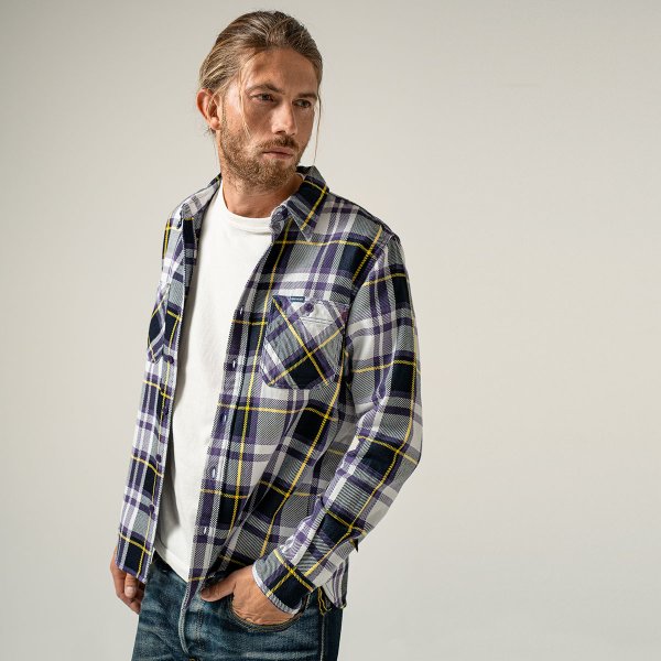 Iron Heart IHSH-382 9oz Selvedge American Check Work Shirt - Purple Plaid Flannel Shirt for Men | Durable Workwear & Casual Style for Outdoor Activities and Everyday Wear