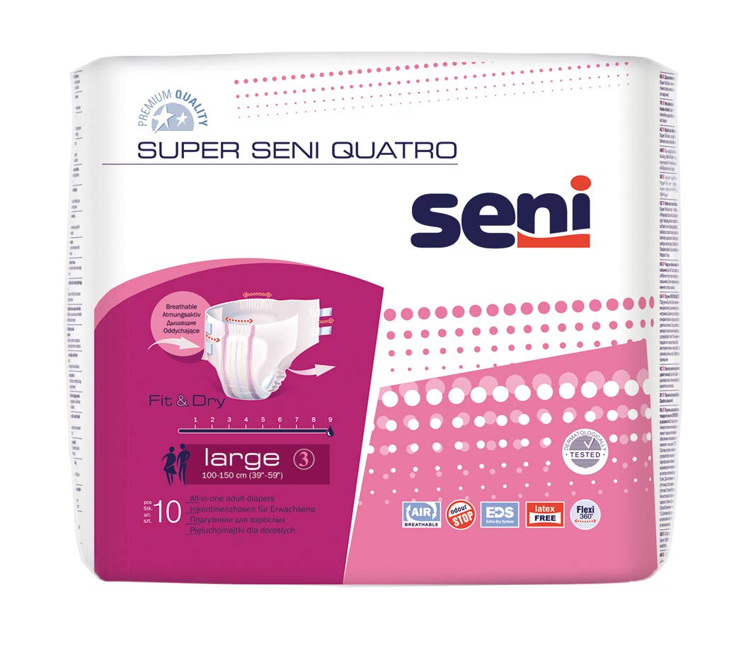 SUPER SENI Quatro Gr.3 Large Adult Diapers, 10 Count - Premium Absorbent Incontinence Underwear for Day & Night Use, Comfortable Protection for Active Seniors