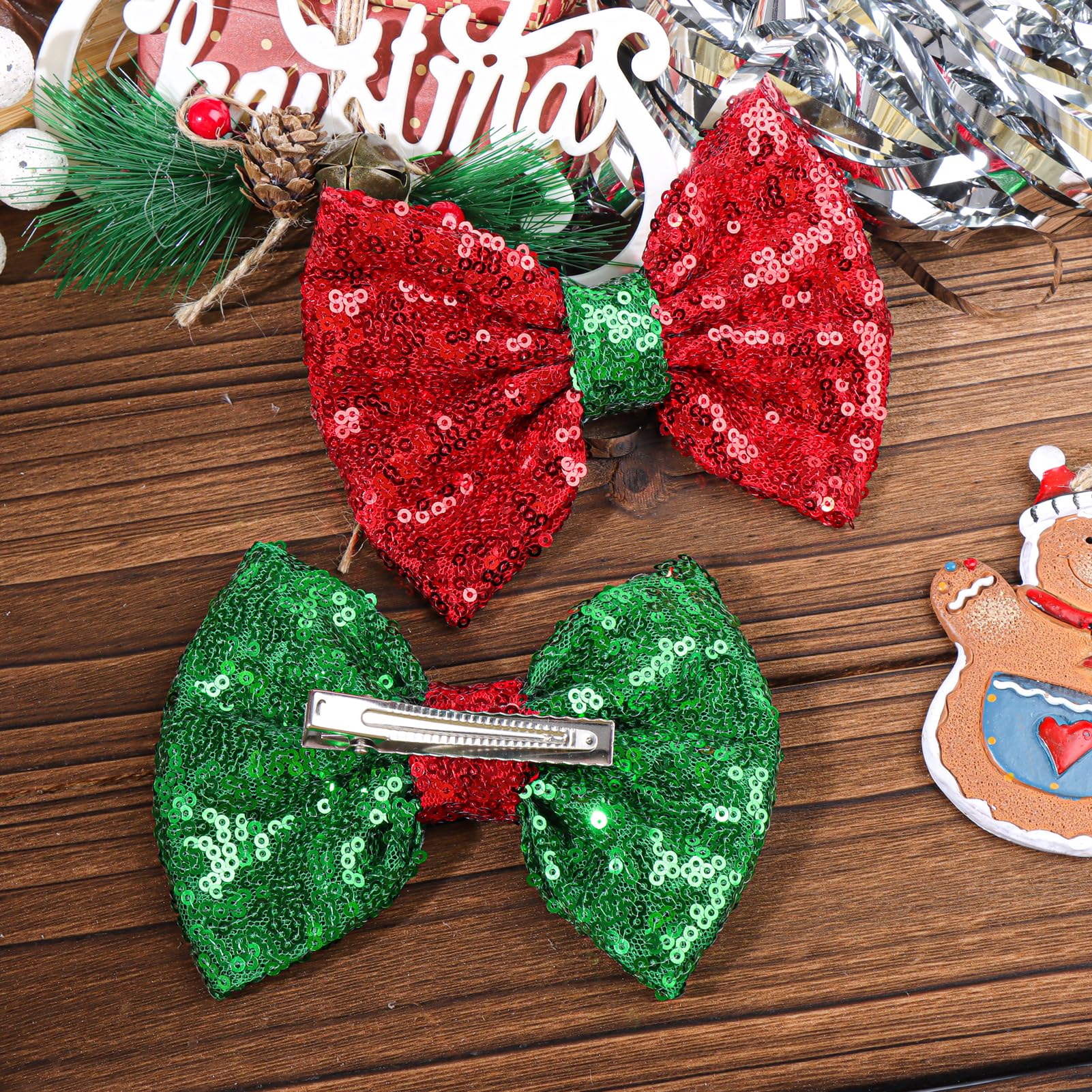 Festive Sequins Hair Bows for Christmas - Red, White, Green Alligator Clips for Girls & Women | Holiday Party Accessories