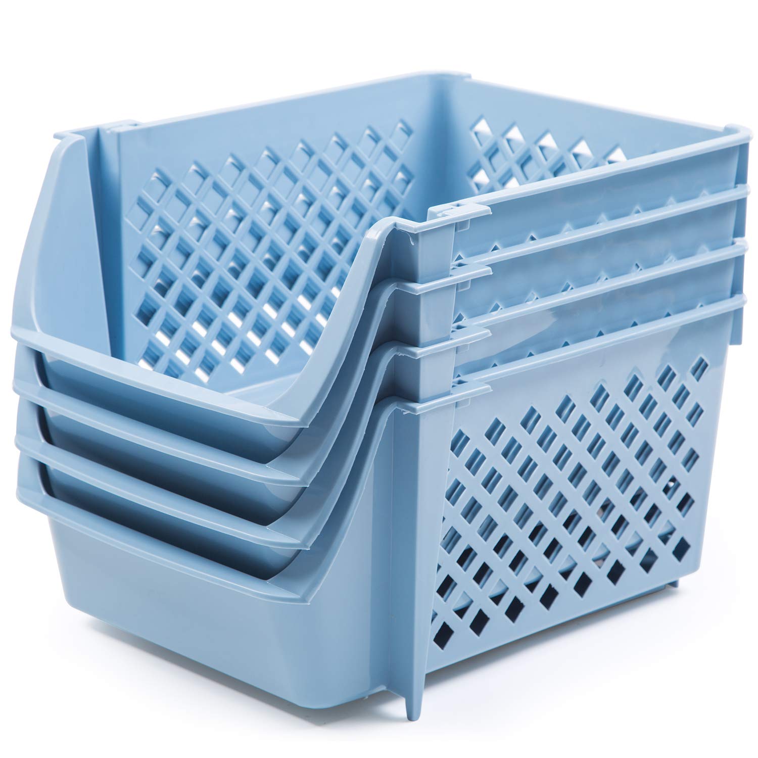 4-Piece Stackable Plastic Storage Baskets - Organizer Bin for Food, Snacks, Toys & Toiletries - Space-Saving Home & Kitchen Organization Solution (Blue) - Perfect for Pantry, Bathroom, Kids Room & Office Use