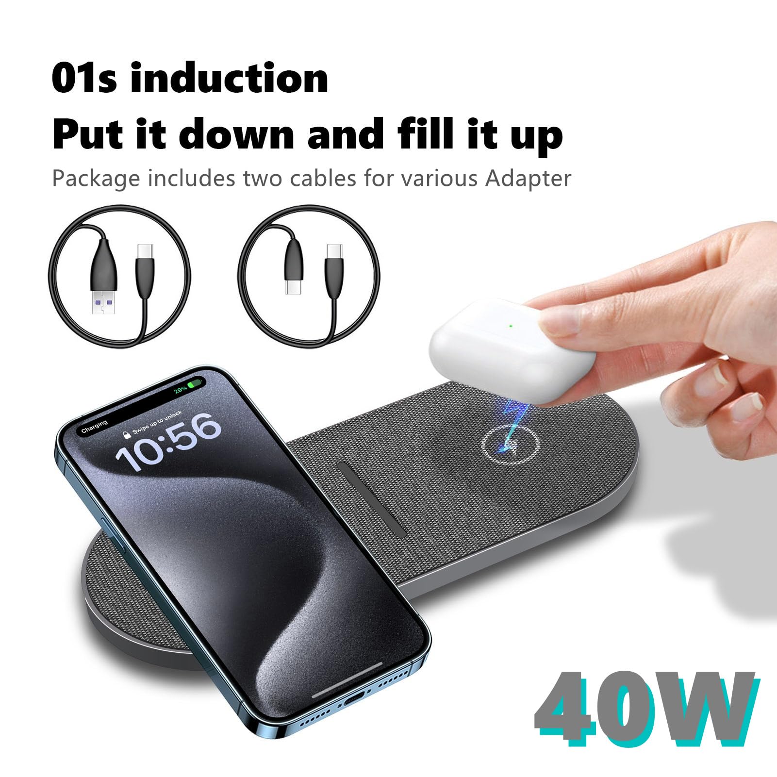 40W Fast Wireless Charging Pad - Dual 20W Qi-Certified Charger for iPhone 16/15/14/13/12/11 Pro Max & AirPods 4/3/Pro | 15W 2-in-1 Charging Station for Samsung Galaxy S24/Galaxy Buds | Perfect for Home, Office & Travel Use