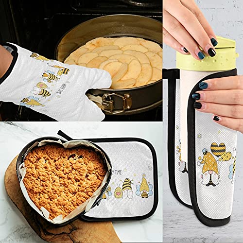 Bee Gnomes Spring Oven Mitts & Pot Holder Set - Heat Resistant Kitchen Gloves for Baking, Grilling, BBQ - Summer Butterflies Design Home Decor - Perfect for Cooking, Stove Use & Holiday Gifts