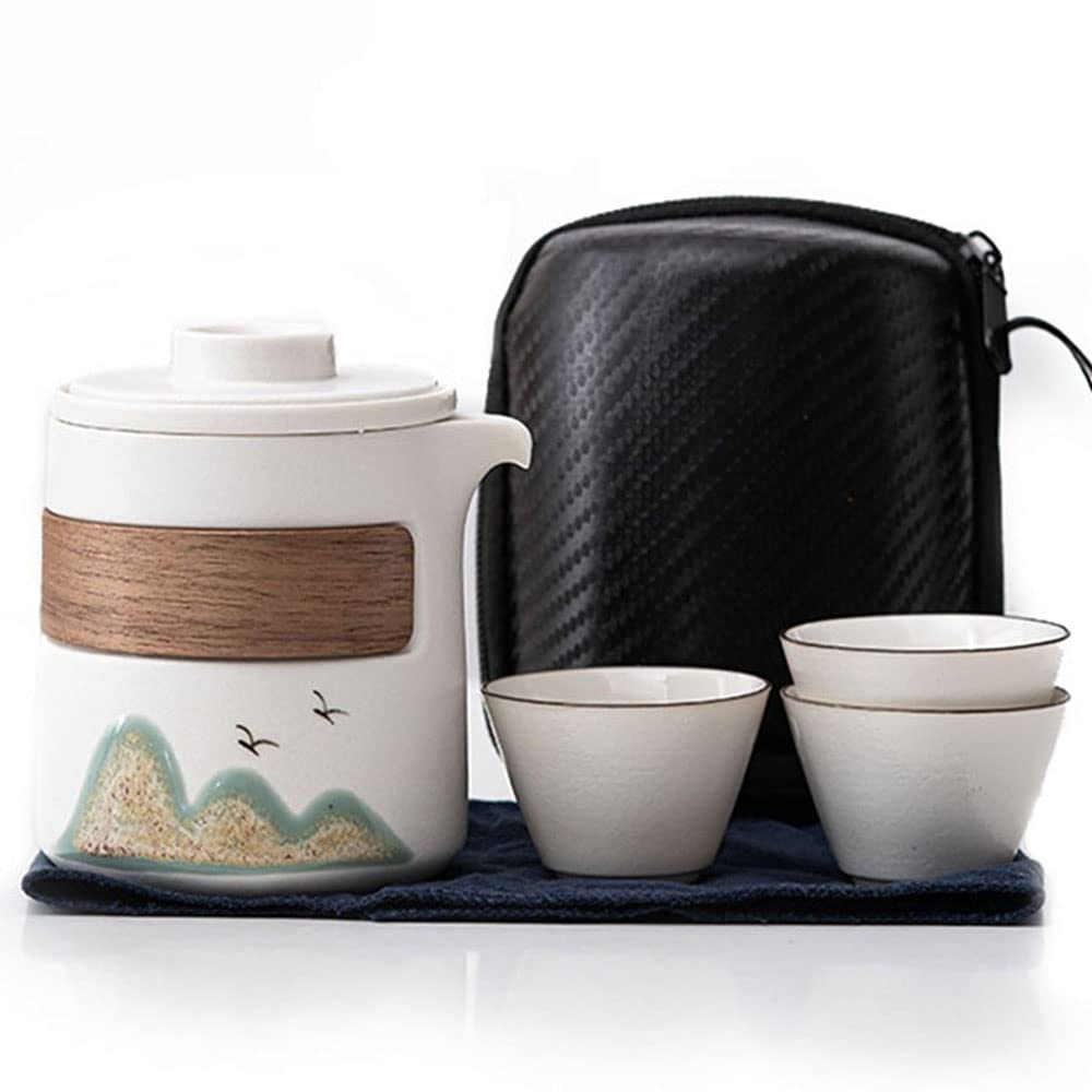 Premium Japanese Travel Tea Set - Ceramic Mountain Teapot with Infuser & 3 Gongfu Cups, Wood Handle & Portable Carrying Case (White) | Perfect for Camping, Office, Gifts & Japanese Tea Ceremonies