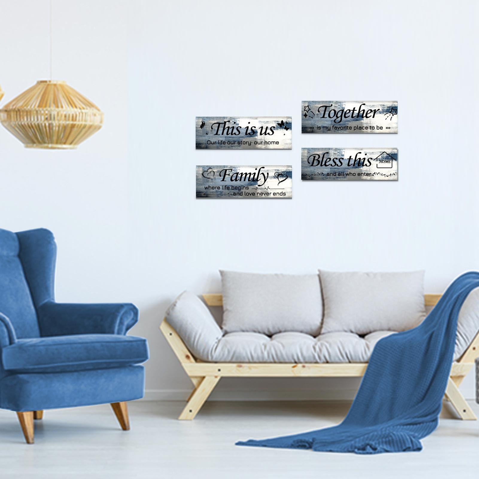 Lnond 4-Piece Blue Abstract Wall Art Set - Motivational Rustic Wooden Farmhouse Decor for Living Room & Bedroom (12x4 Inch) - Perfect for Home, Office & Gift Giving