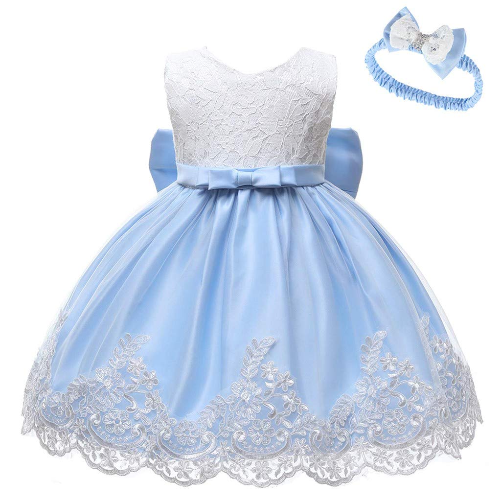 Baby Girls' Flower Pageant Formal Dress - Tulle Lace Bowknot Baptism & Birthday Gown with Headwear - Perfect for Christening, First Communion, and Special Occasions