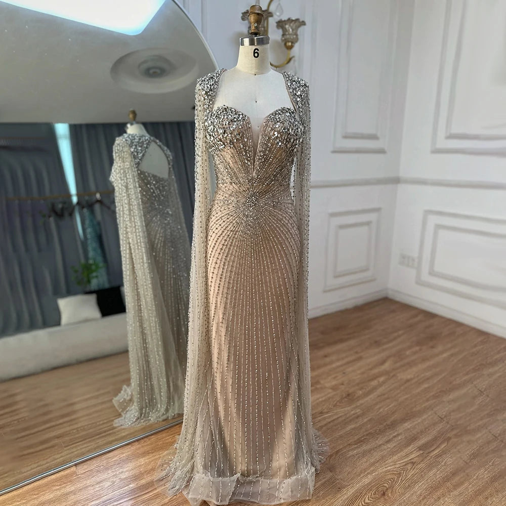 Luxury Dubai Arabic Silver Beaded Evening Gown for Women - Elegant Nude Cape Sleeves Wedding Party Dress LA72575 | Perfect for Bridal Showers, Red Carpet Events & Formal Occasions