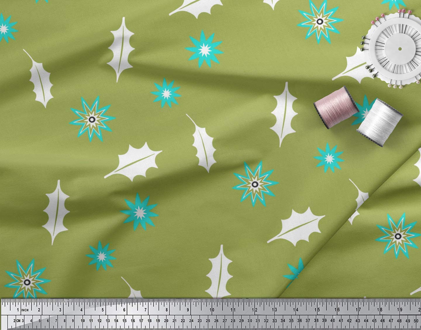 Soimoi Moss Green Georgette Fabric by The Yard - 42 Inch Wide - Star & Holly Leaves Printed Fabric for Christmas Decor, Holiday Crafts, and Seasonal Home Decorations - Perfect for Table Runners, Garments, and DIY Projects