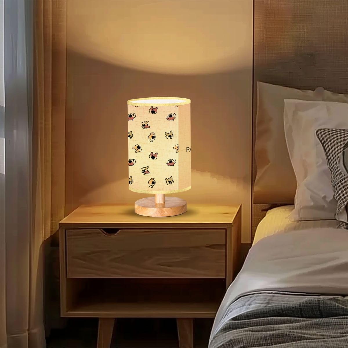 Cute Cartoon Pattern Dimmable Bedside Lamp with Linen Lampshade & Wood Base - Nightstand Lamp for Bedroom, Living Room, Office - Perfect for Kids' Room, Reading Nook & Cozy Nighttime Ambience