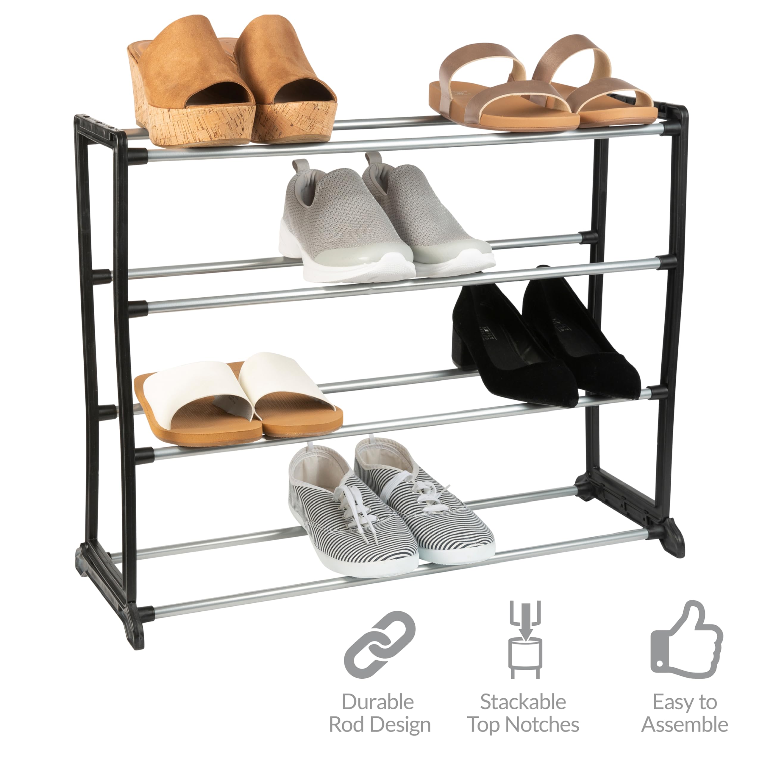 Space-Saving Stackable Shoe Rack Organizer - Holds 12 Pairs of Shoes for Sneakers, Boots, Loafers & Heels | Closet & Bedroom Storage Solution | Perfect for Small Spaces & Apartment Living (Black)