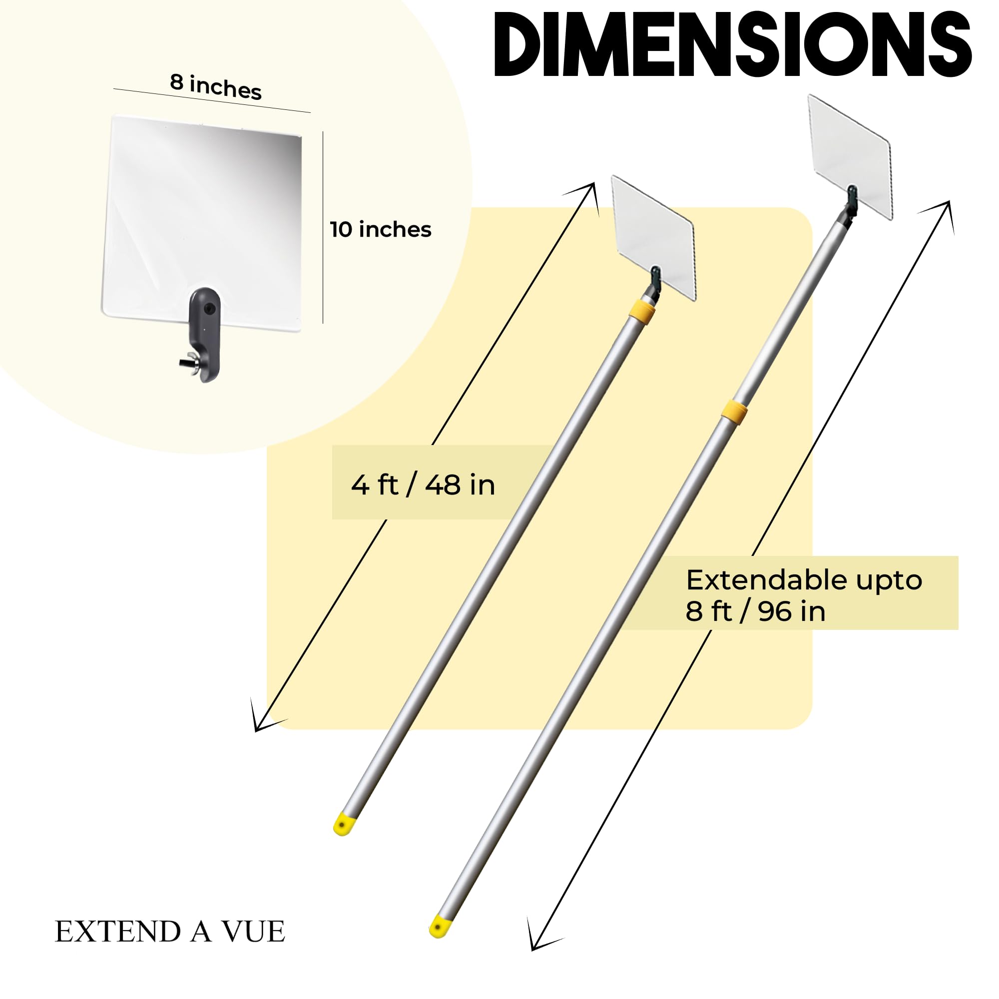 Telescoping Inspection Mirror with 8x10 Inch Acrylic Mirror - Extends from 4ft to 8ft - Lightweight & Durable for Auto Repair, HVAC, and Home Maintenance
