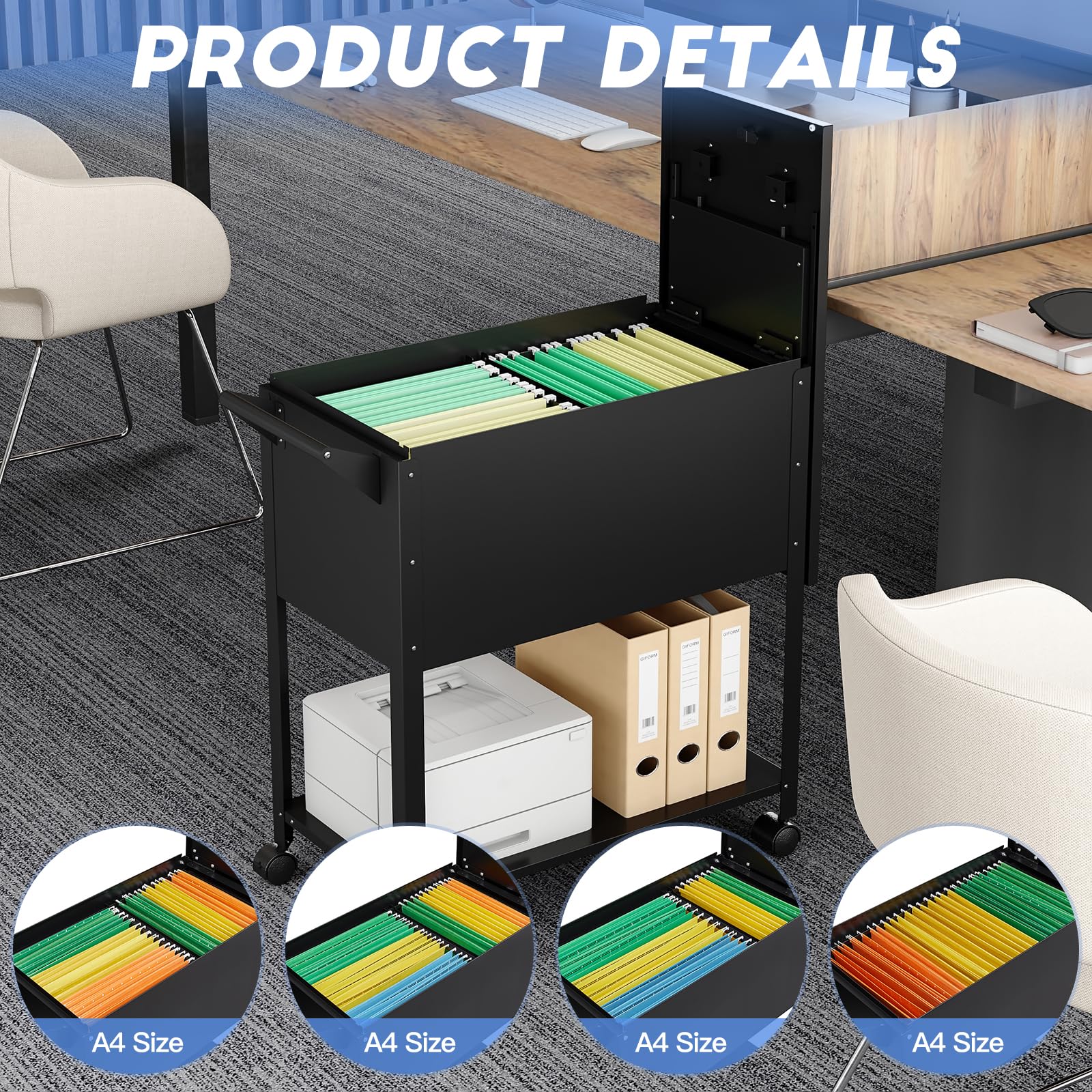 Yizosh Mobile File Storage Cart with Wheels - Lockable Metal Rolling File Cabinet Organizer for Legal & A4 Documents - Perfect for Office, Home, or School Use (Black)