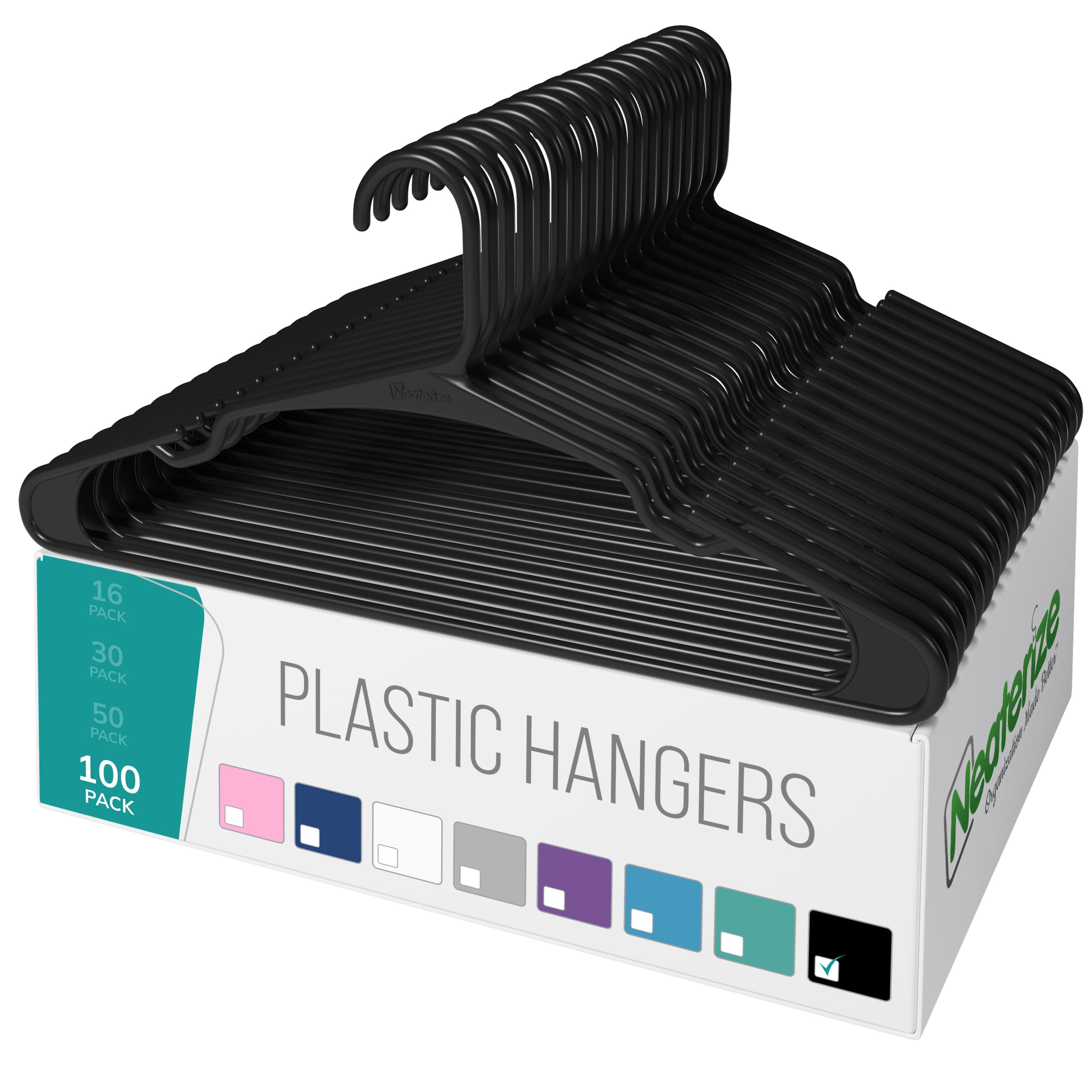 NEATERIZE 100-Pack Plastic Clothes Hangers for Adults - Space Saving Coat Hangers for Closet Organization, Durable Plastic Garment Hangers (Black) - Perfect for Home, Office, and Retail Store Use