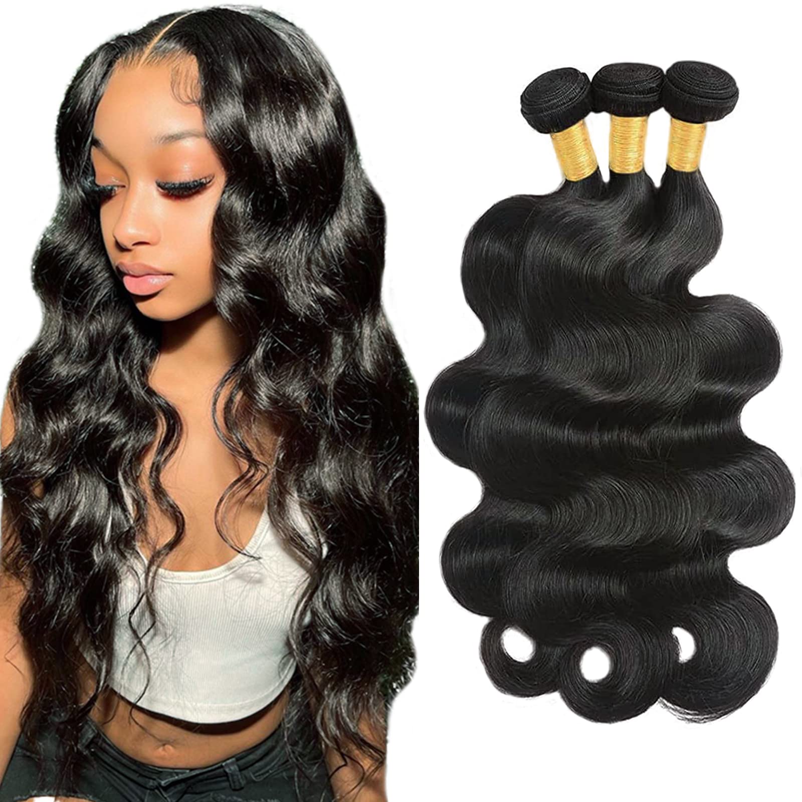 100% Brazilian Human Hair Bundles 26 28 30 Inch Body Wave Weave - Unprocessed Remy Hair Extensions in Natural Black Color for Long Lasting Wet & Wavy Hairstyles | Perfect for Daily Wear, Parties & Special Occasions