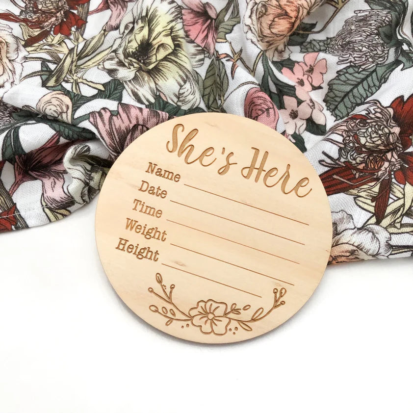 Custom Wooden Announcement Plaque - She's Here | Personalized Baby Birth Sign for Nursery Decor & Gender Reveal Party