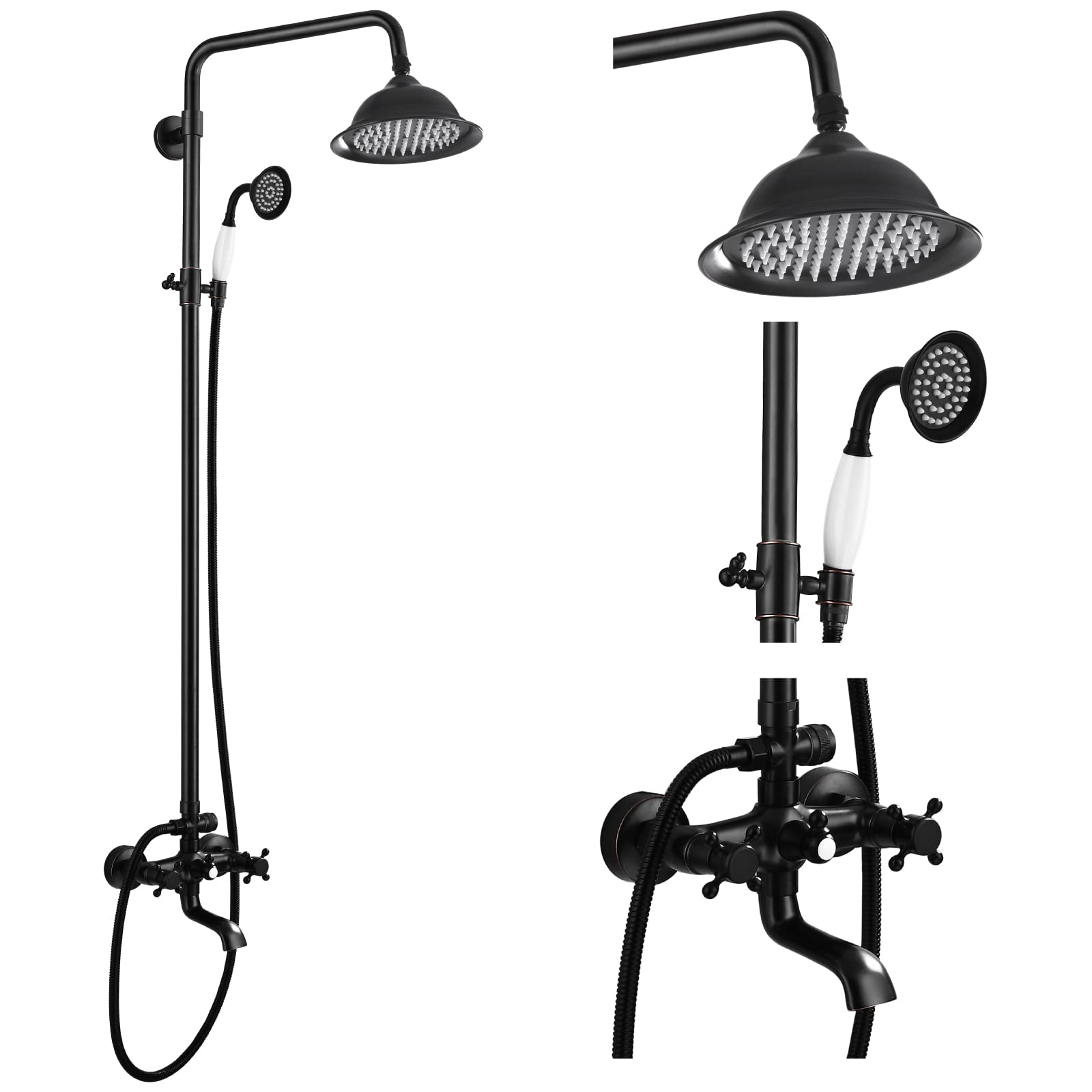 Gotonovo 8 Inch Rainfall Shower System - Oil Rubbed Bronze Exposed Bathroom Faucet with Tub Spout, Handheld Spray & Double Cross Handles - Perfect for Outdoor Showers, Modern Bathrooms & Spa-Like Experiences