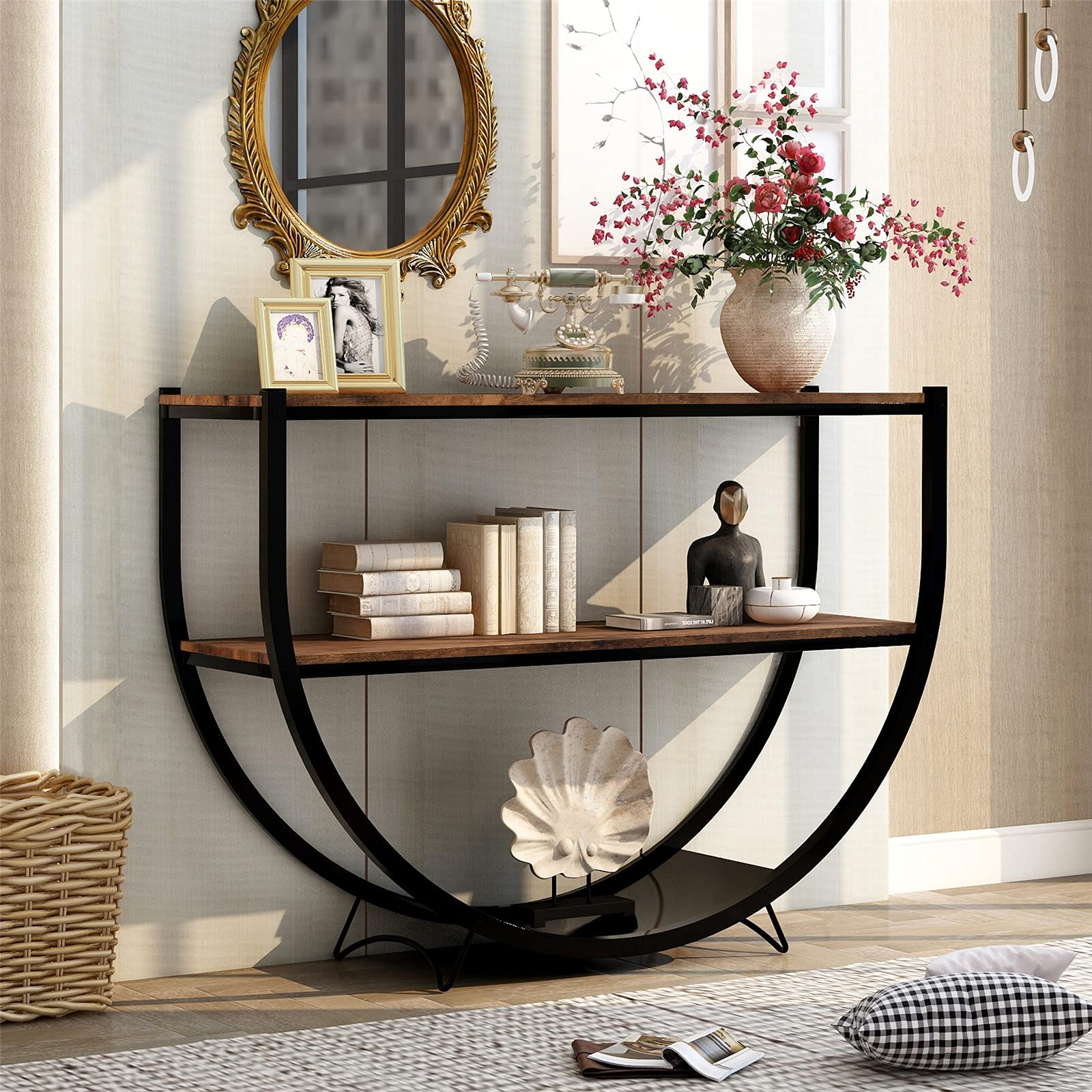 Henf Rustic Industrial U-Shape Console Table with 3 Shelves - Narrow Sofa Table for Entryway, Living Room, Bedroom & Corridor | Perfect for Small Spaces & Home Decor (Rustic Brown)