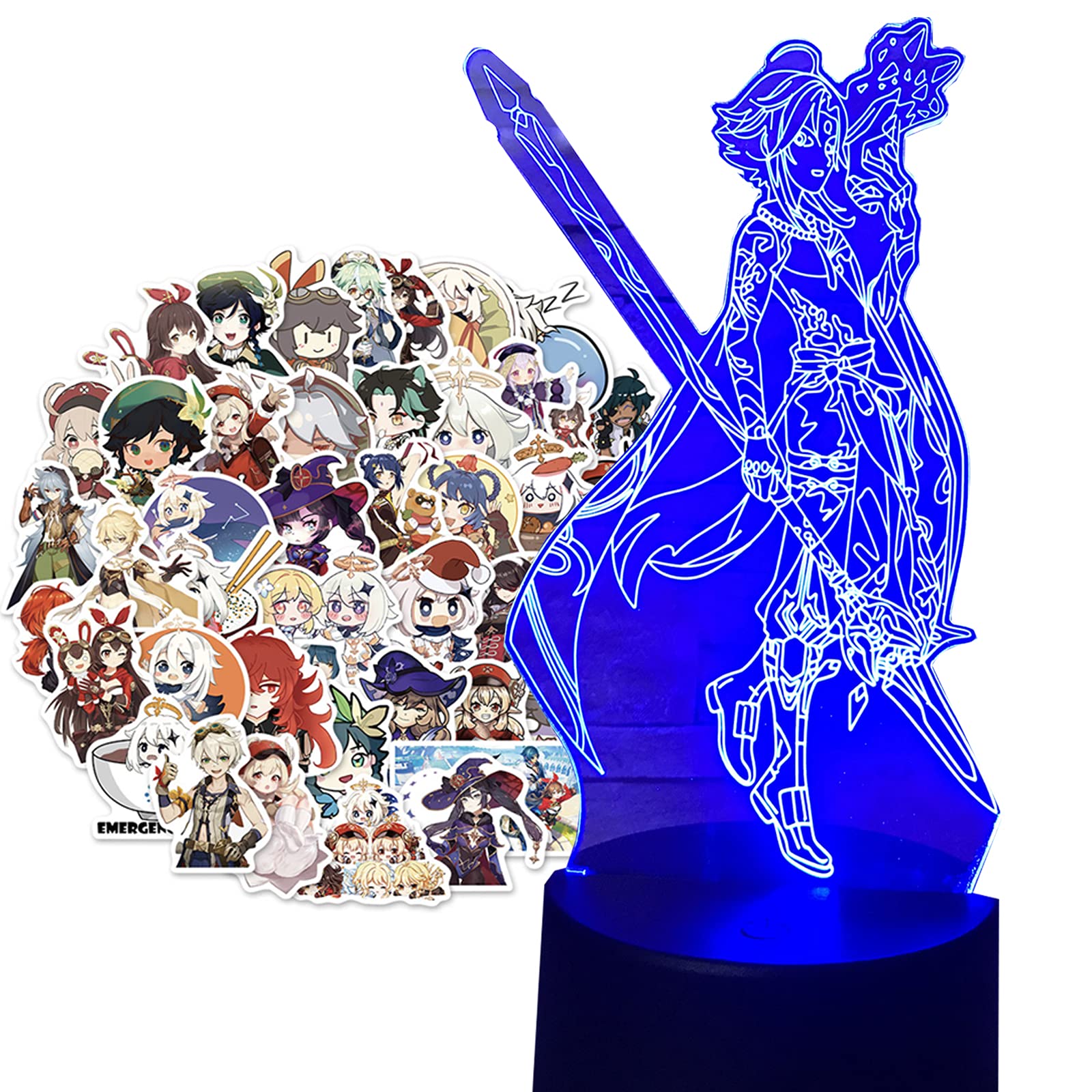 Genshin Impact Xiao LED Anime Night Light - 7 Color Changing USB Desk Lamp with 3D Illusion Effect & 50pcs Game Stickers - Perfect Gift for Teens, Adults & Kids - Ideal for Gaming Rooms, Bedrooms & Home Decor