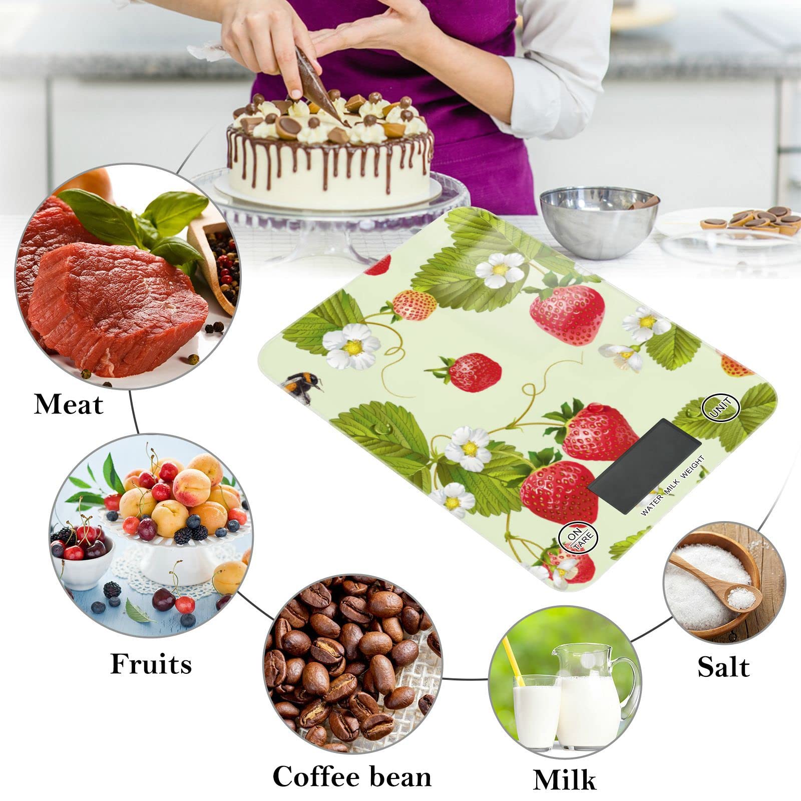 11lb Digital Kitchen Scale with Strawberry Design - Waterproof Food Scale for Ounces & Grams - Perfect for Weight Loss, Coffee, Baking, Cooking & Meal Prep