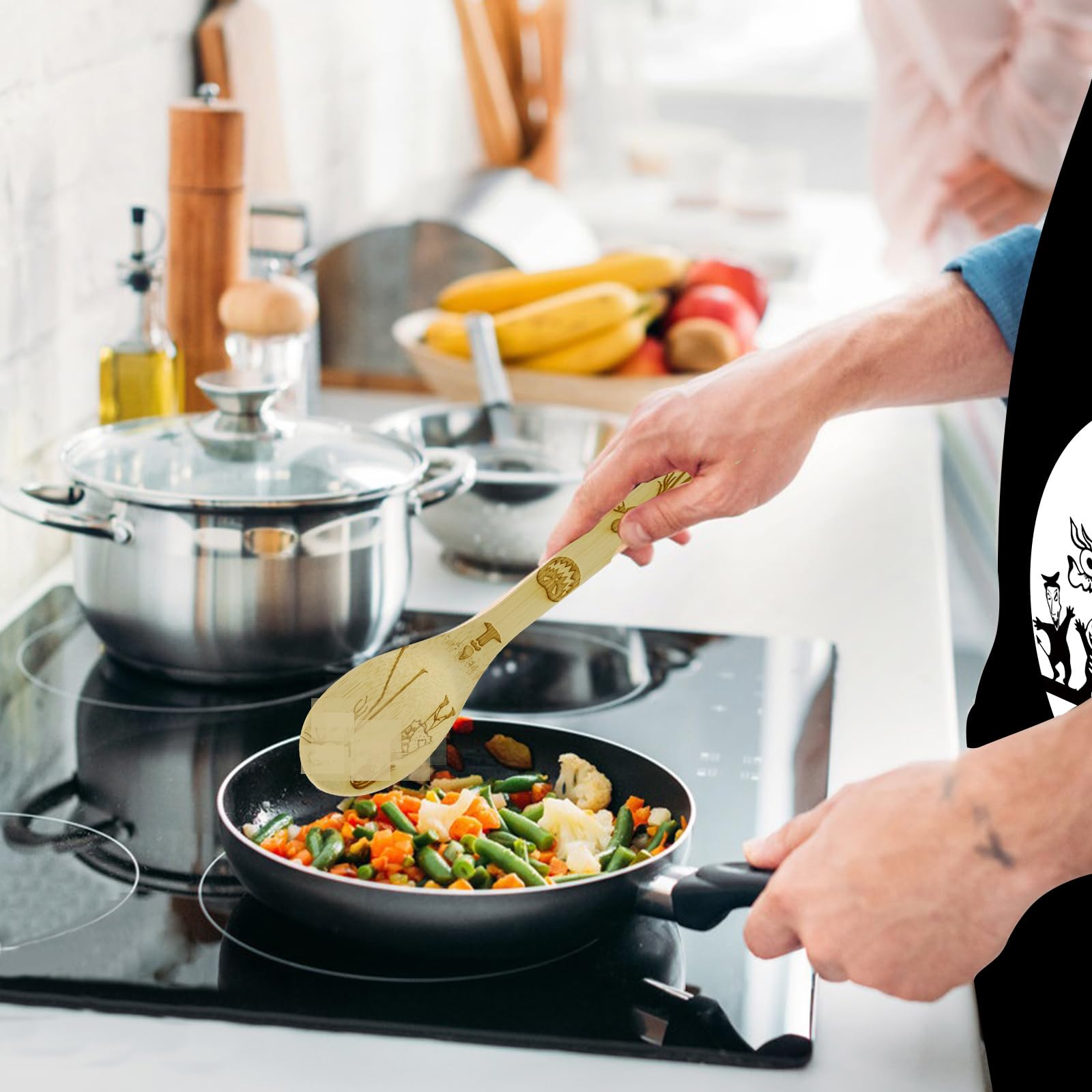 Wooden Cooking Utensil Set with Apron, Oven Mitt & Potholder - Perfect Christmas, Mother's Day & Birthday Gift for Women - Kitchen Decor & Halloween Nightmare Theme - Ideal for Baking, Cooking & Home Decor