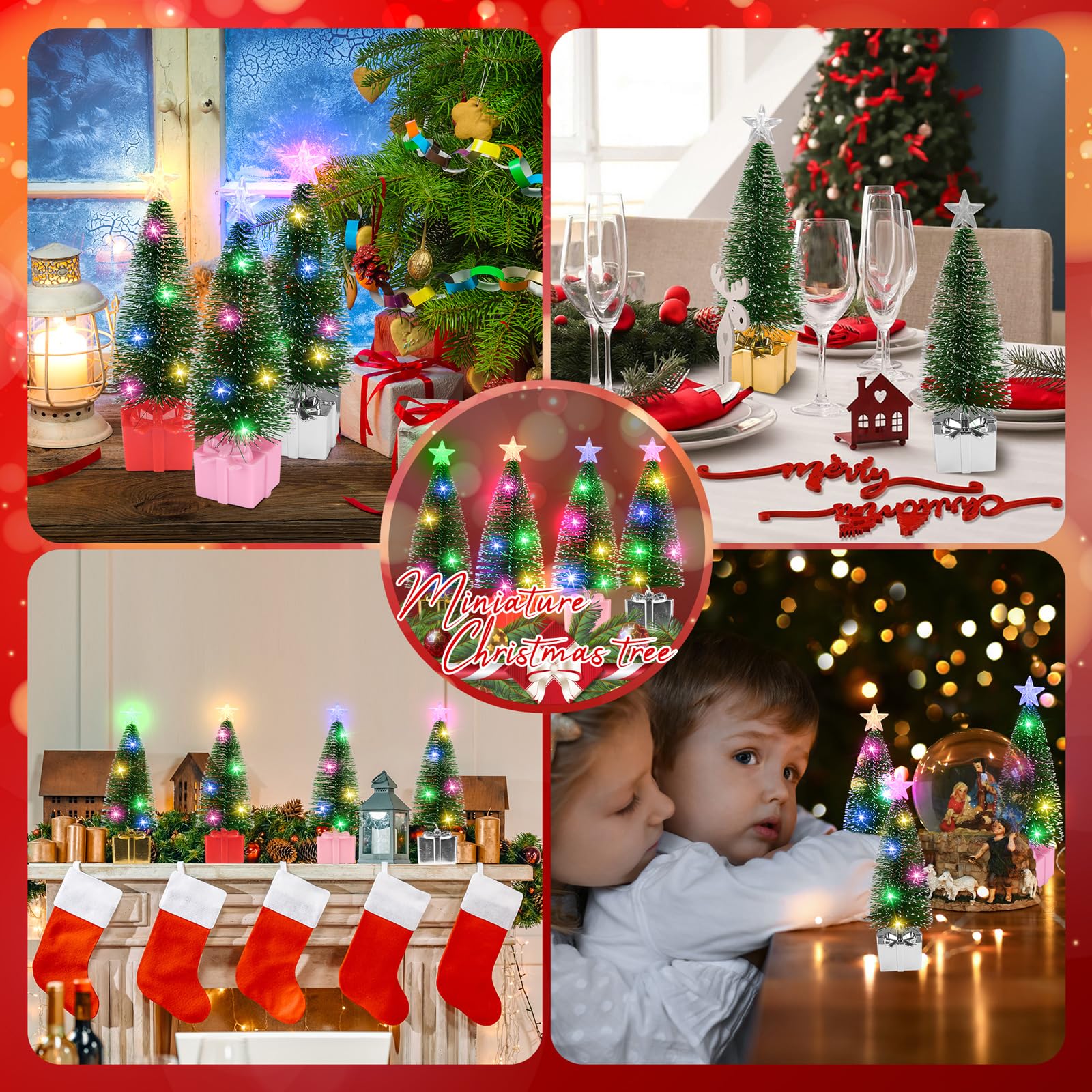 4 Pack Mini Christmas Tree with LED Lights - Small Tabletop Holiday Decor for Indoor Christmas Party, Xmas Centerpieces, Home & Office Decorations - Perfect for Holiday Tables, Mantels & Gift Exchanges