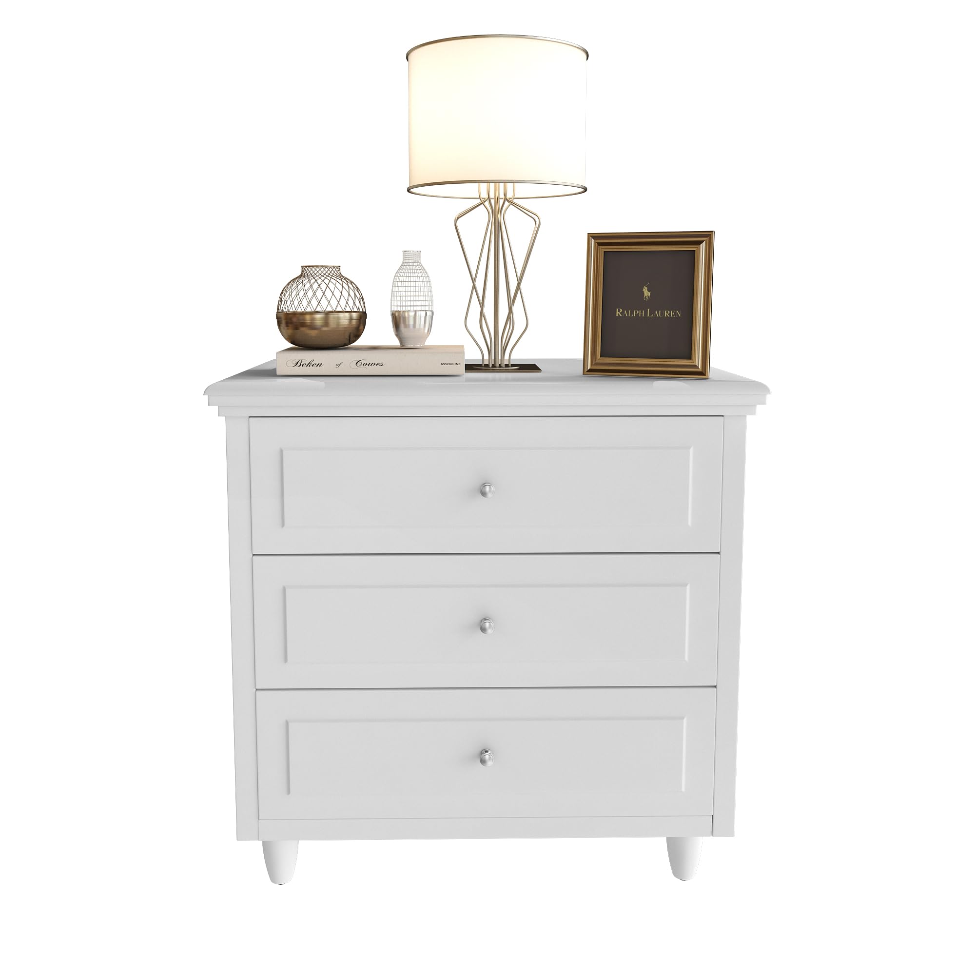 Modern White 3-Drawer Nightstand with Wood Legs - 15.75