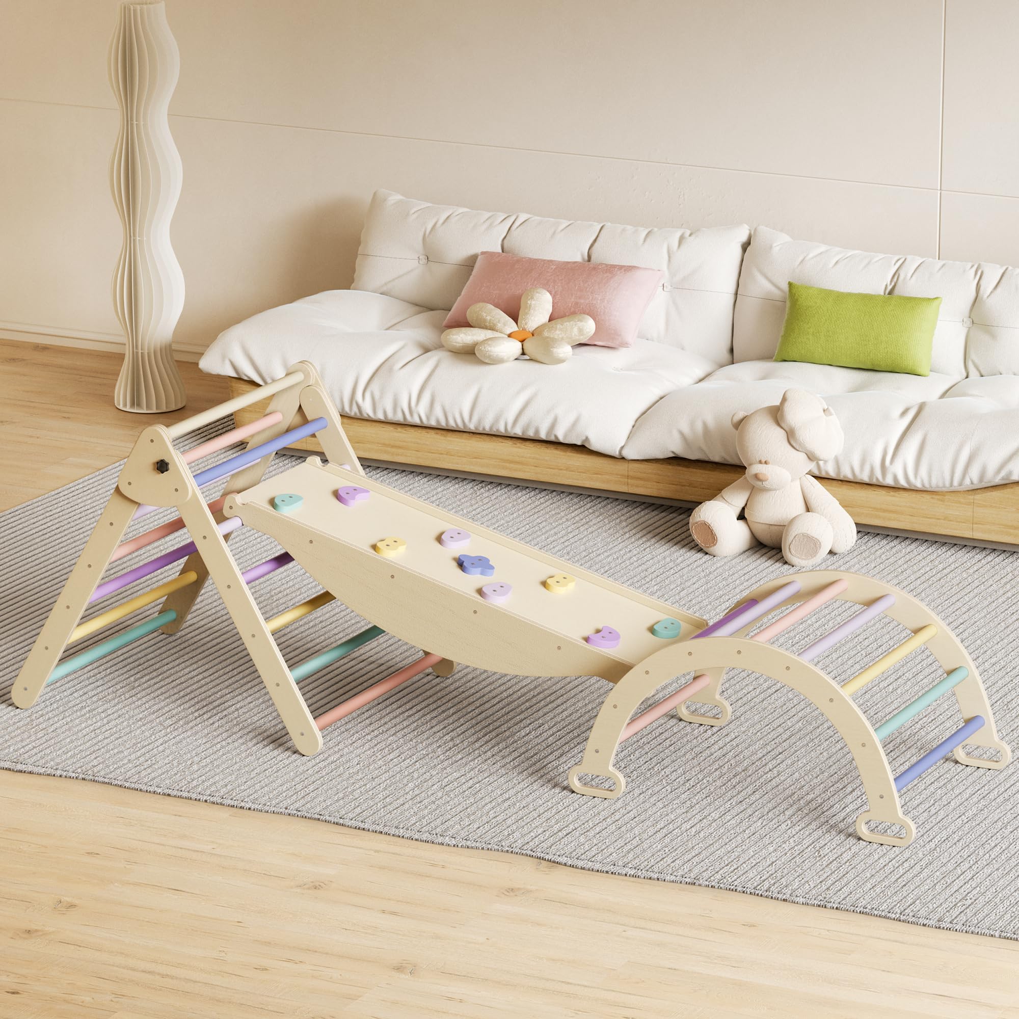 ROOMTEC 5-in-1 Montessori Pikler Triangle Set - Baby Climbing Toys for Toddlers with Arch, Ramp & Triangle - Indoor & Outdoor Play Gym for Kids - Perfect for Home Playroom, Daycare & Backyard Activities